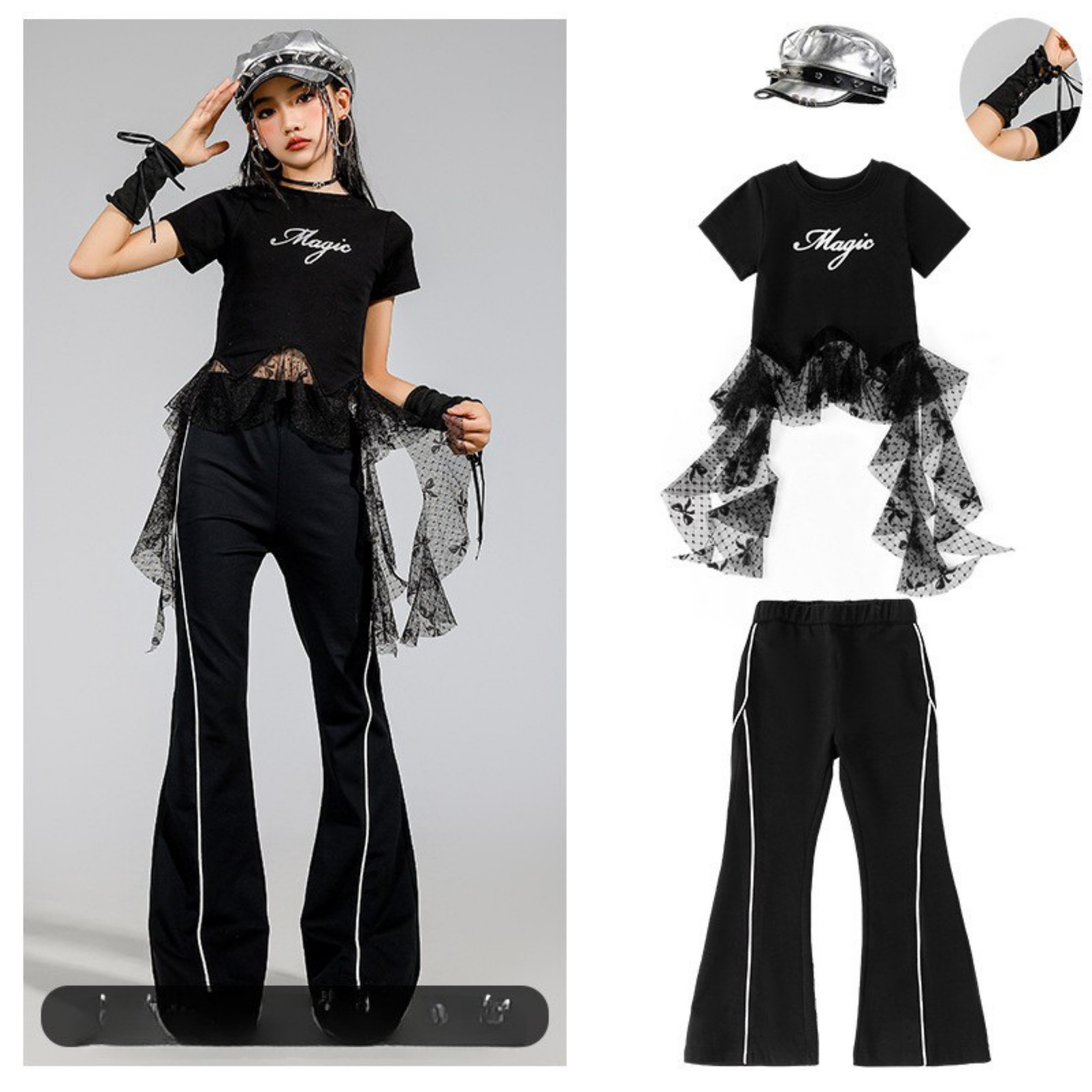 K-POP ブラックドットチュール フレアパンツセットアップ キッズダンス衣装