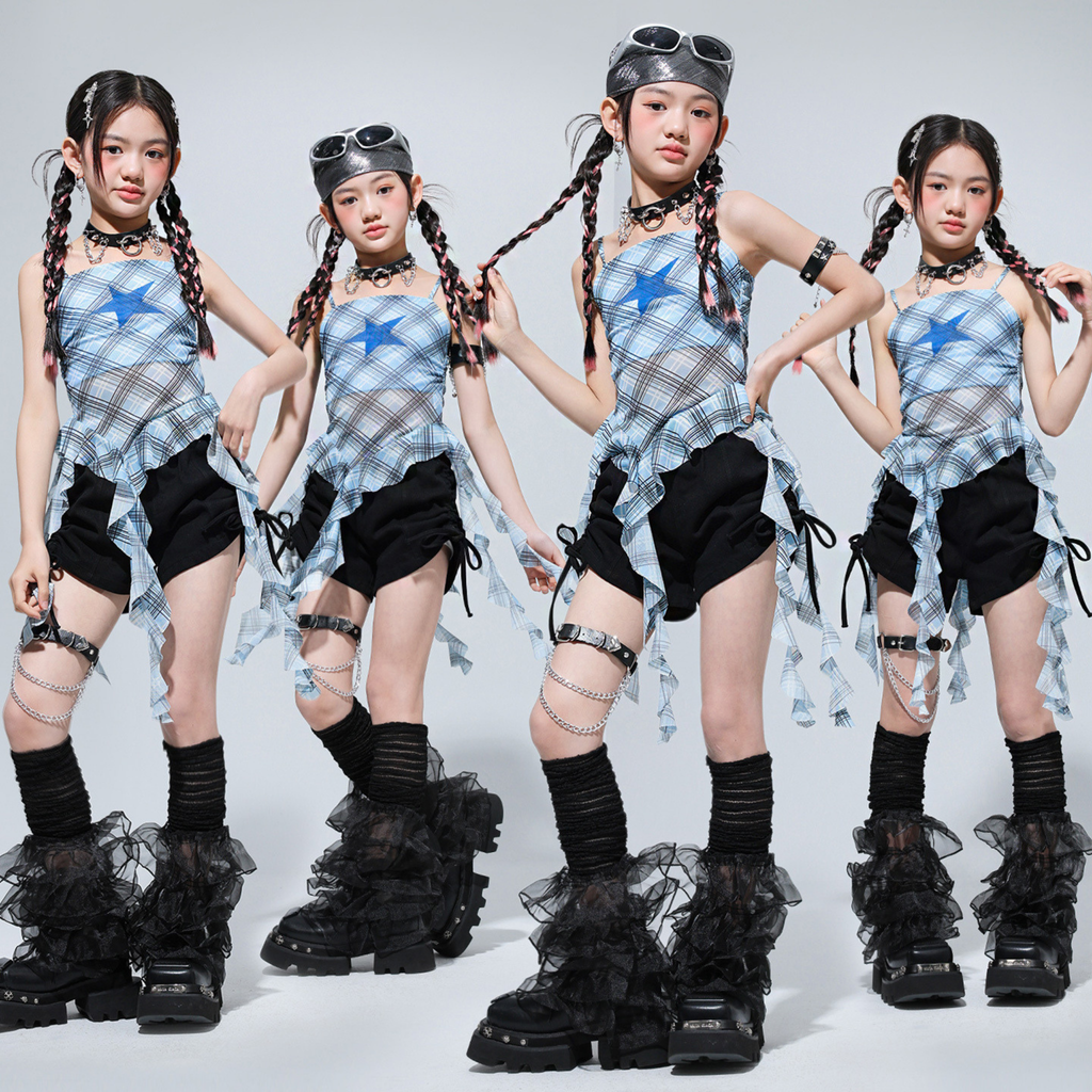 GIRLS ブルーチェック フリルショートパンツセットアップ キッズダンス衣装 商品画像2