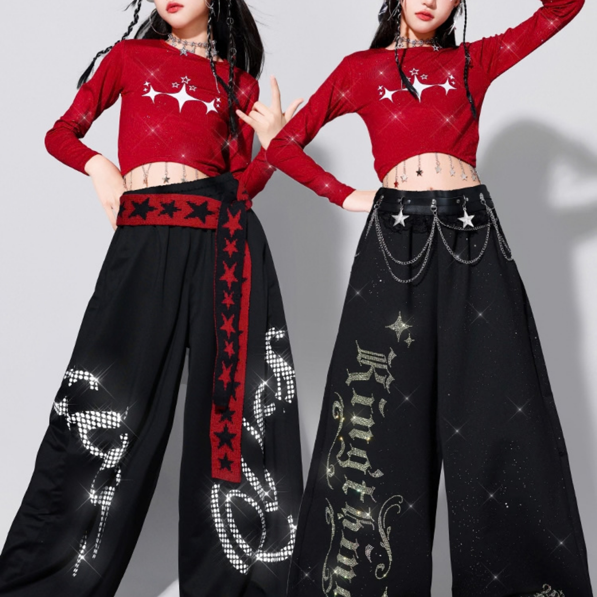 HIPHOP レッドクロップトップ グラフィックワイドパンツ セットアップ 商品画像9