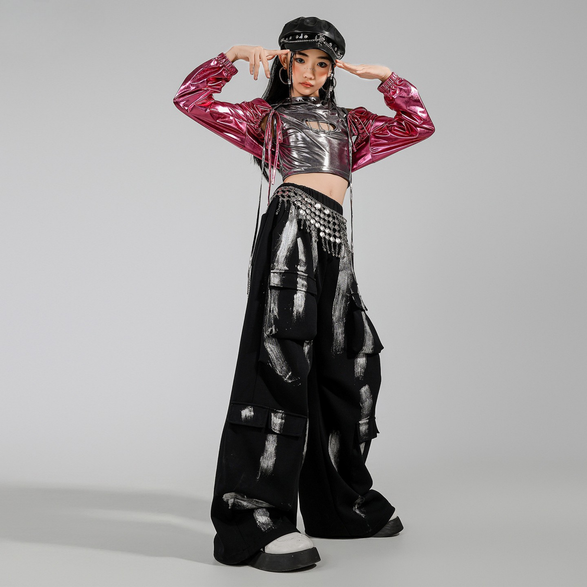 K-POP メタリックシルバー ピンクカーゴセットアップ キッズダンス衣装