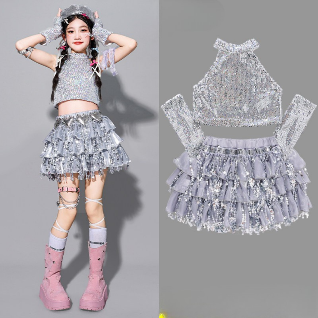 GIRLS ピンクシルバー スパンコールフリルセットアップ キッズダンス衣装