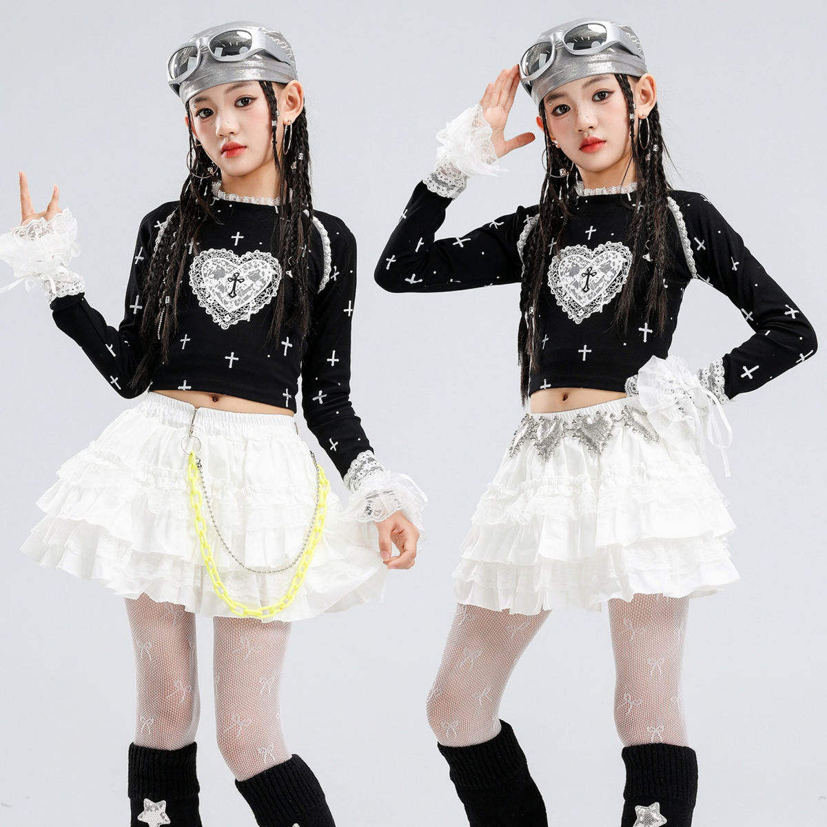 GIRLS ブラックハート ホワイトティアードスカートセットアップ キッズダンス衣装 商品画像6