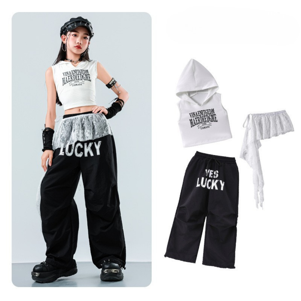GIRLS レースレイヤード ワイドパンツセットアップ キッズダンス衣装