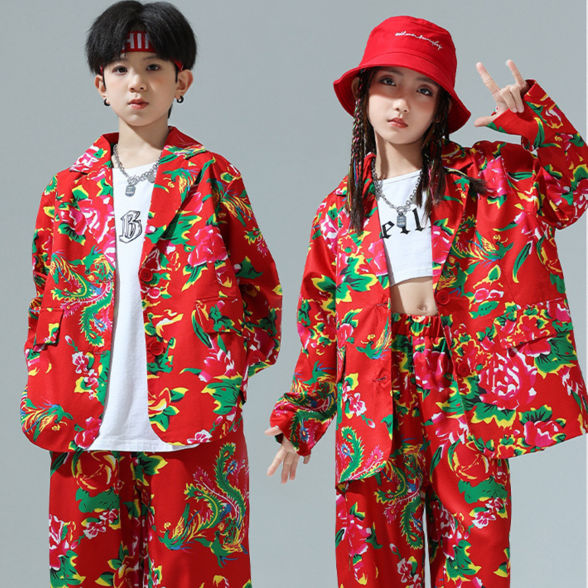 HIPHOP レッドフラワー セットアップ キッズダンス衣装