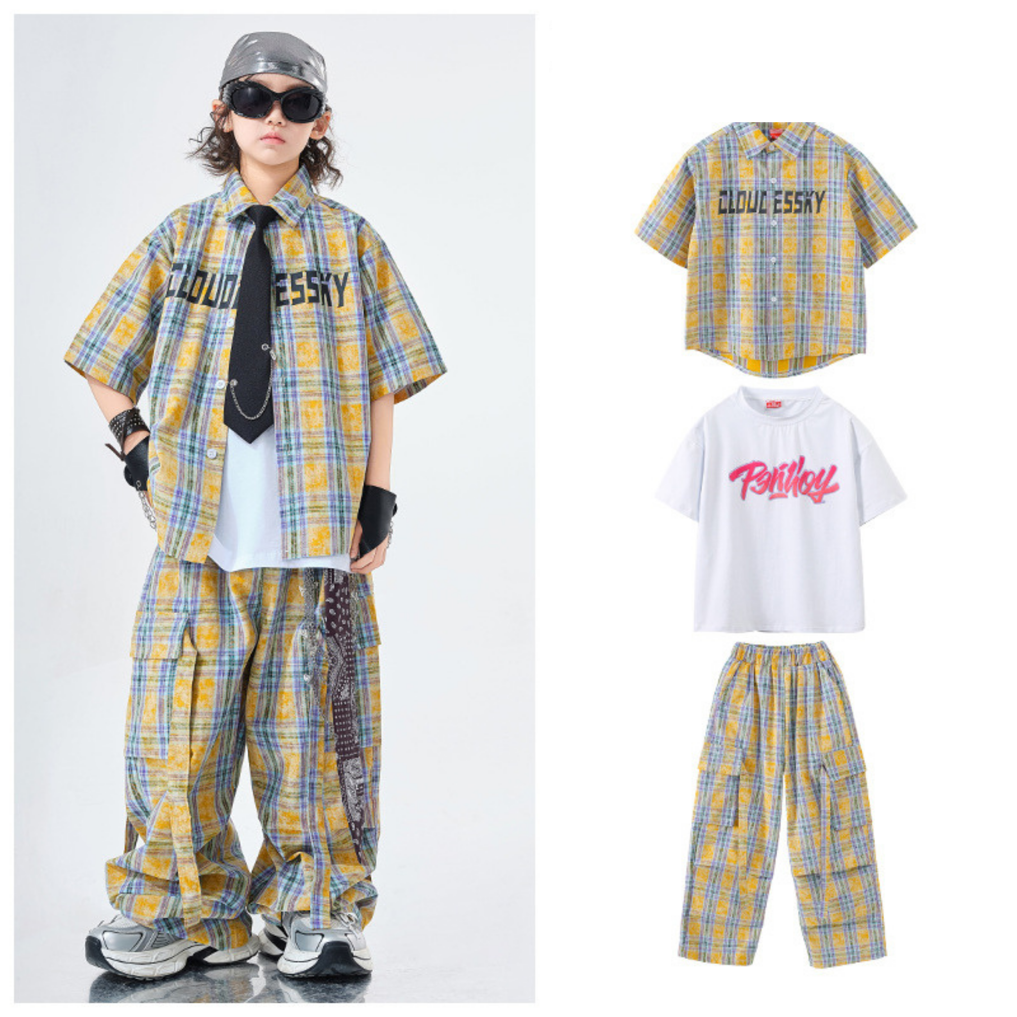 STREET イエローチェック ワイドパンツセットアップ キッズダンス衣装