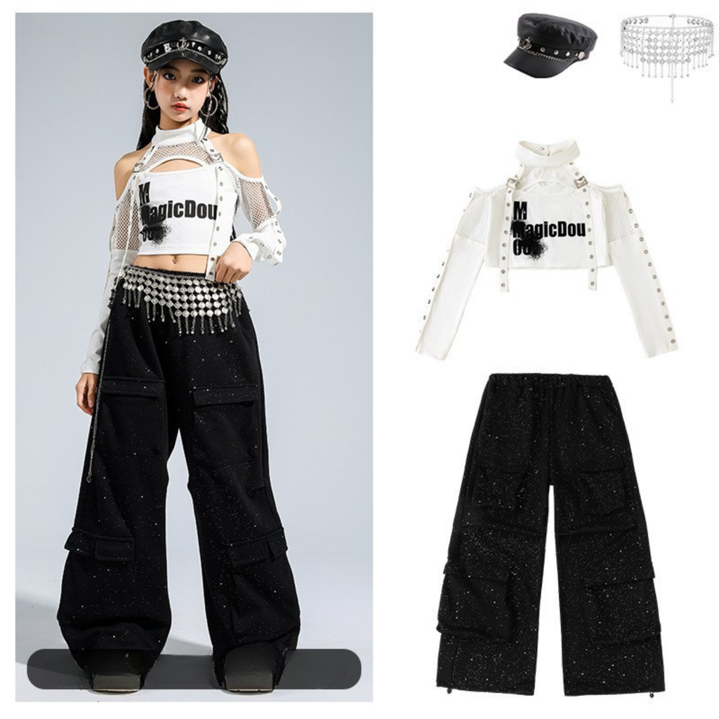 K-POP ホワイトカットアウト ブラックグリッターカーゴセットアップ キッズダンス衣装