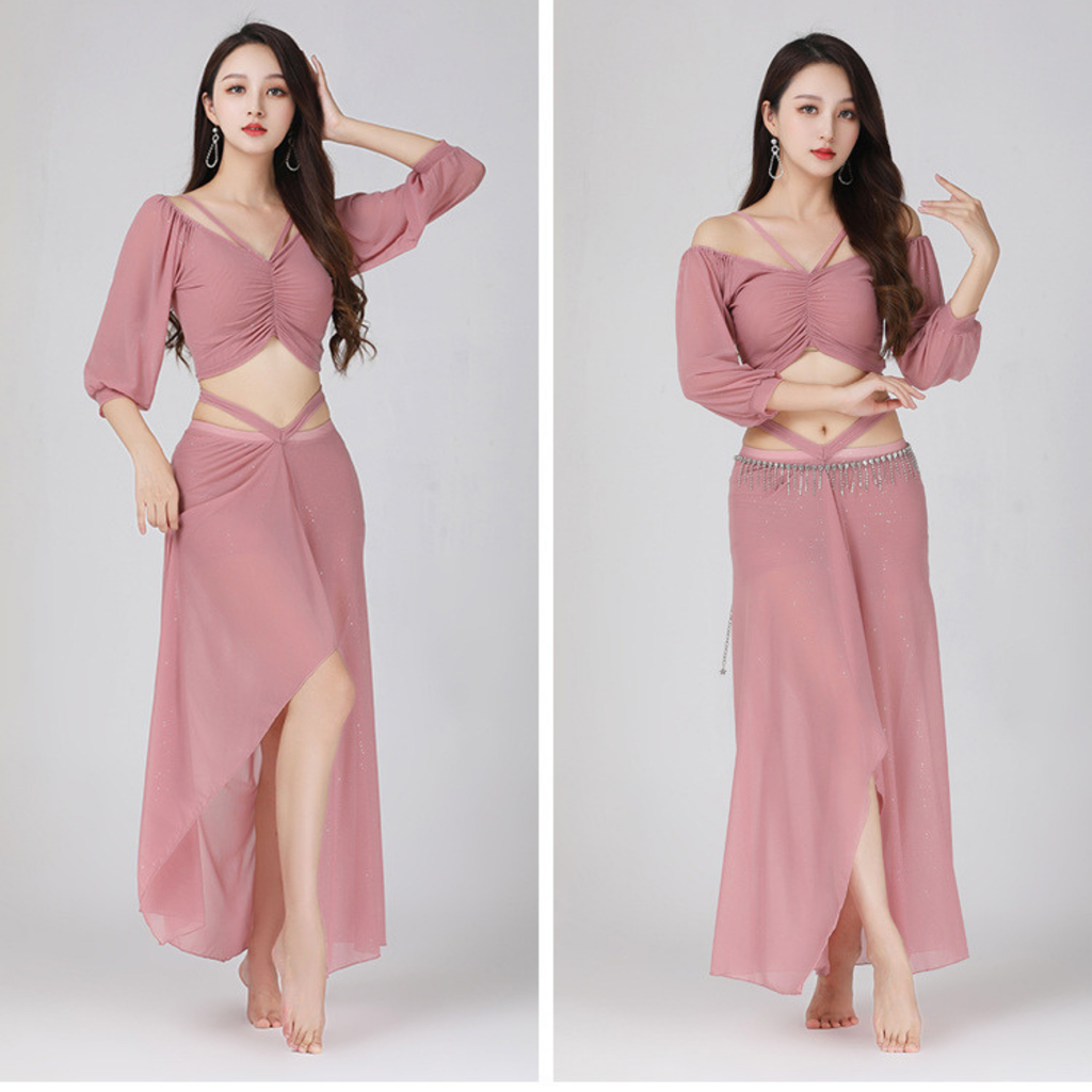 ベリーダンス　レッスンウェア　ラメ　メッシュ　ランタンスリーブ