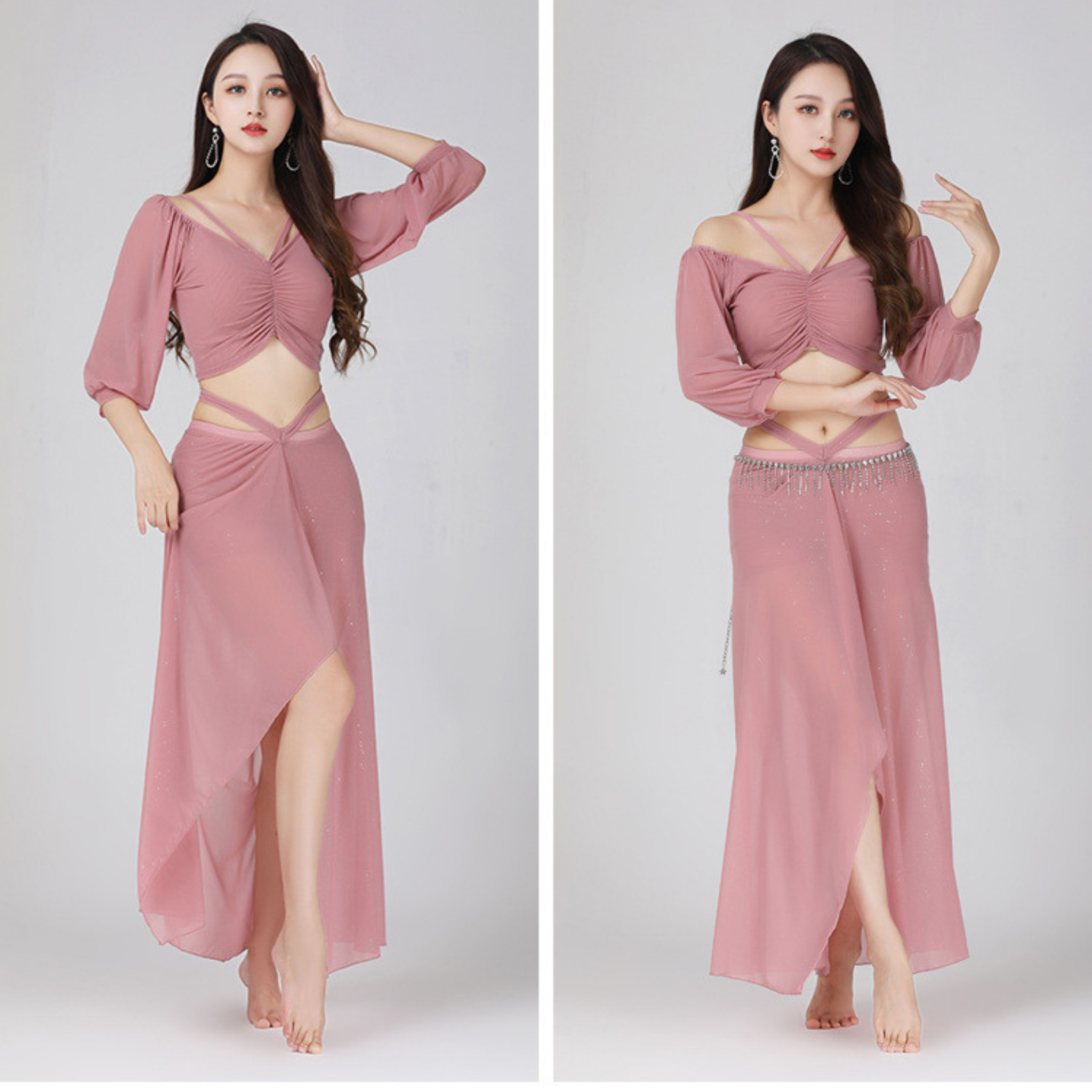 ベリーダンス　レッスンウェア　ラメ　メッシュ　ランタンスリーブ