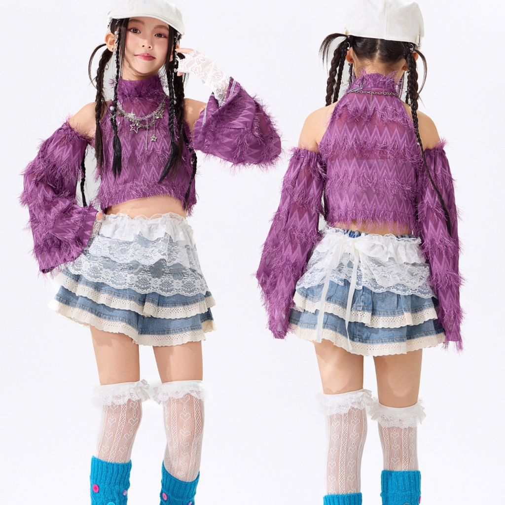 GIRLS パープル×デニム セットアップ キッズダンス衣装 ステージスタイル