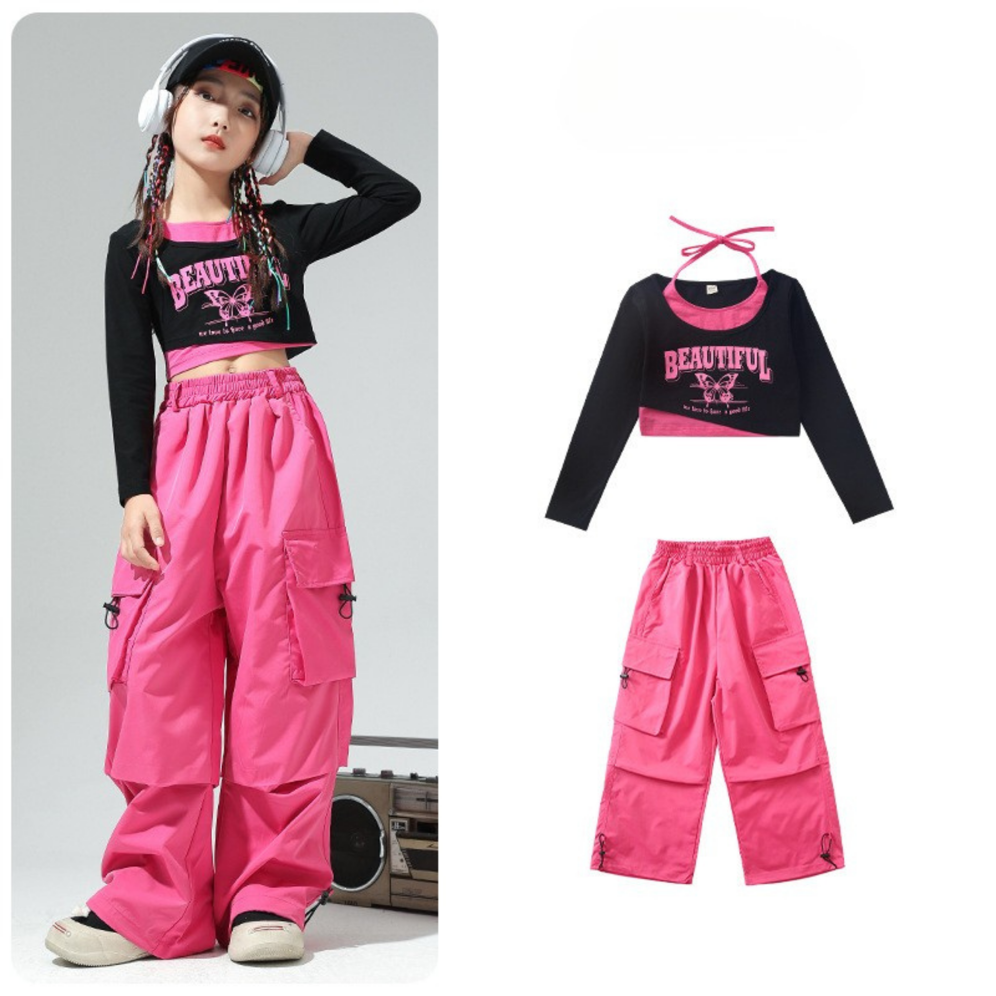 HIPHOP ビビッドカラー カーゴパンツセットアップ キッズダンス衣装