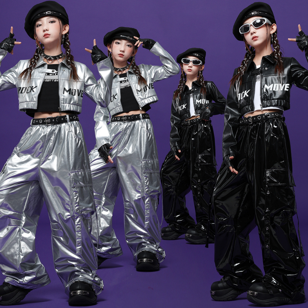 HIPHOP メタリックレザー カーゴセットアップ キッズダンス衣装
