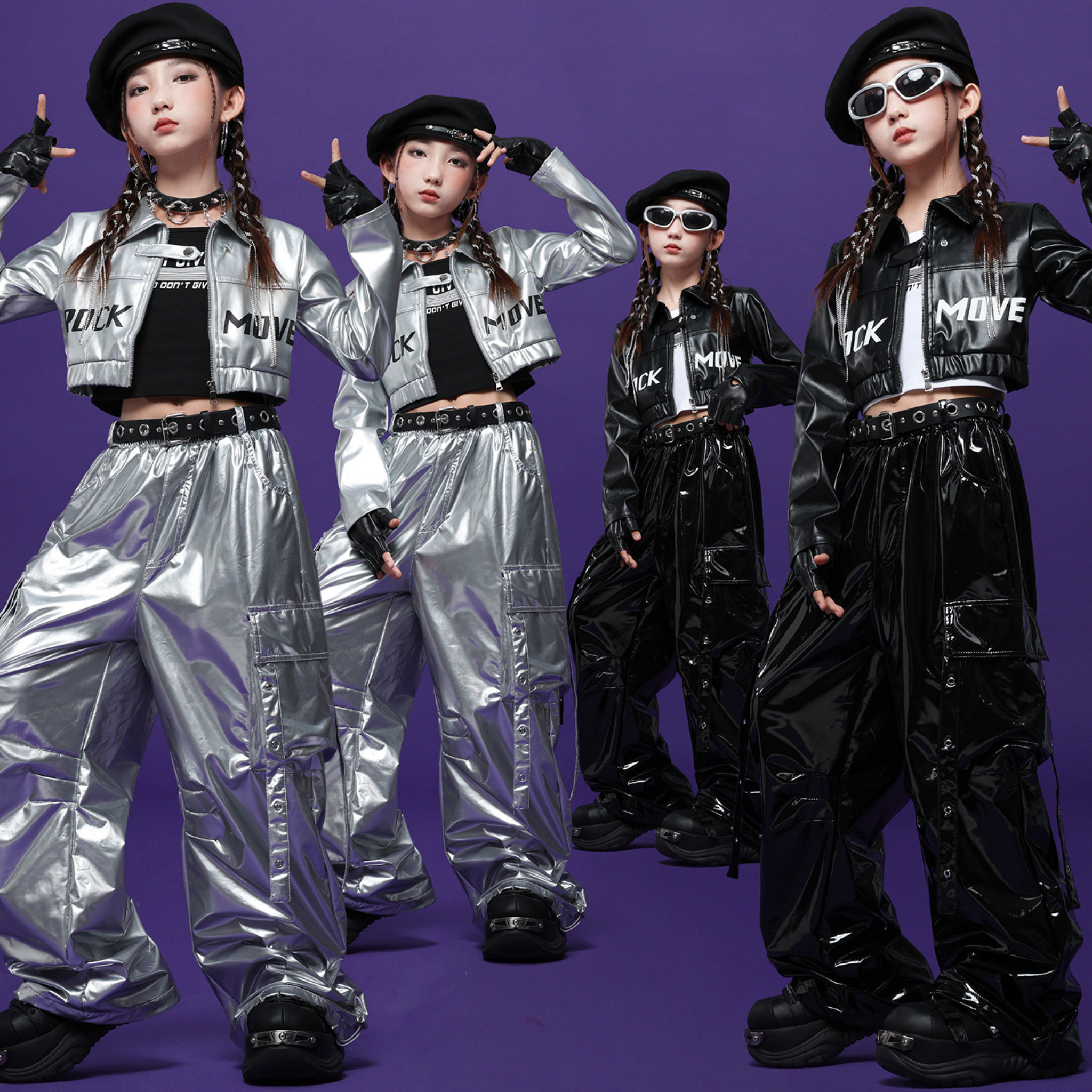 HIPHOP メタリックレザー カーゴセットアップ キッズダンス衣装