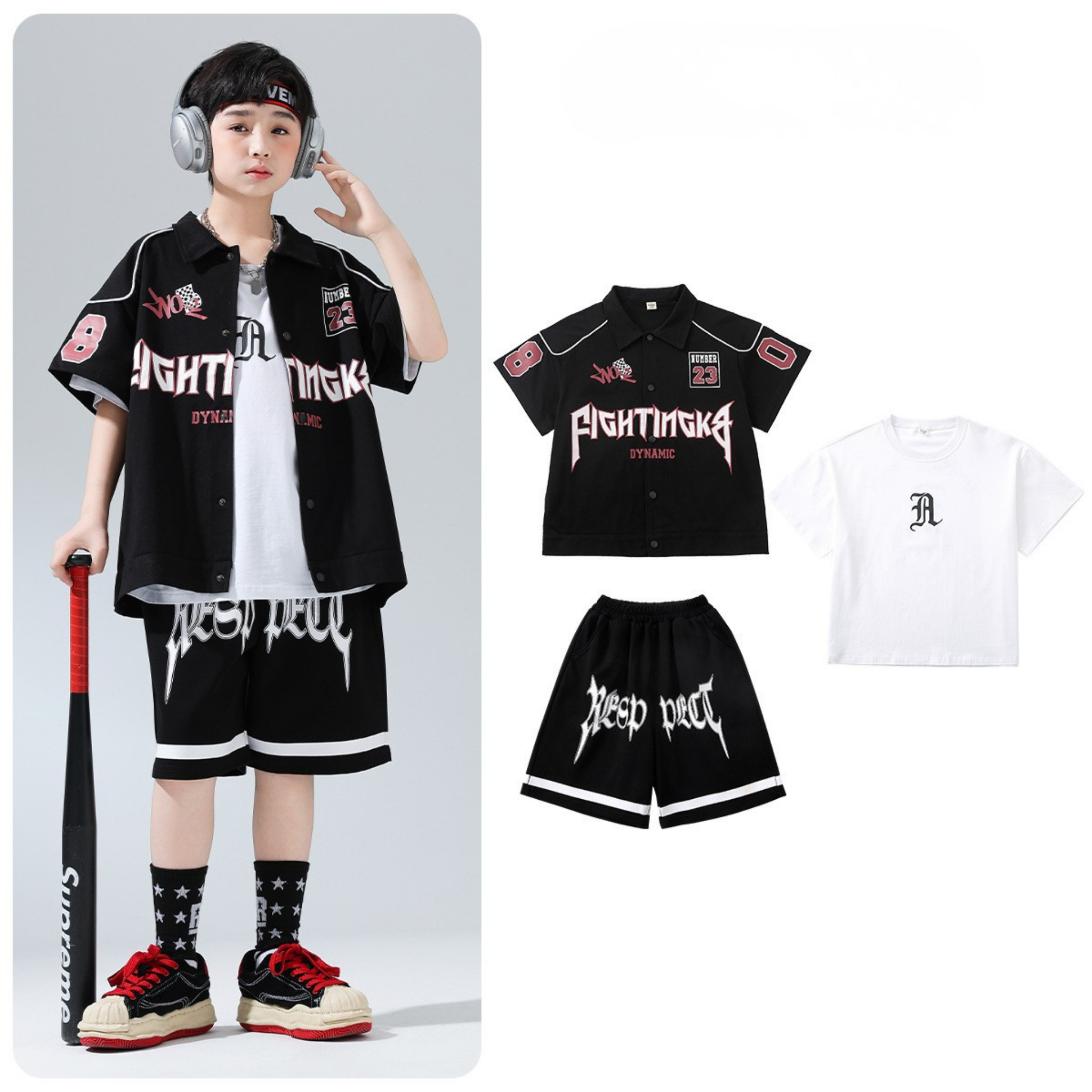 HIPHOP ブラックナンバー ハーフパンツセットアップ キッズダンス衣装