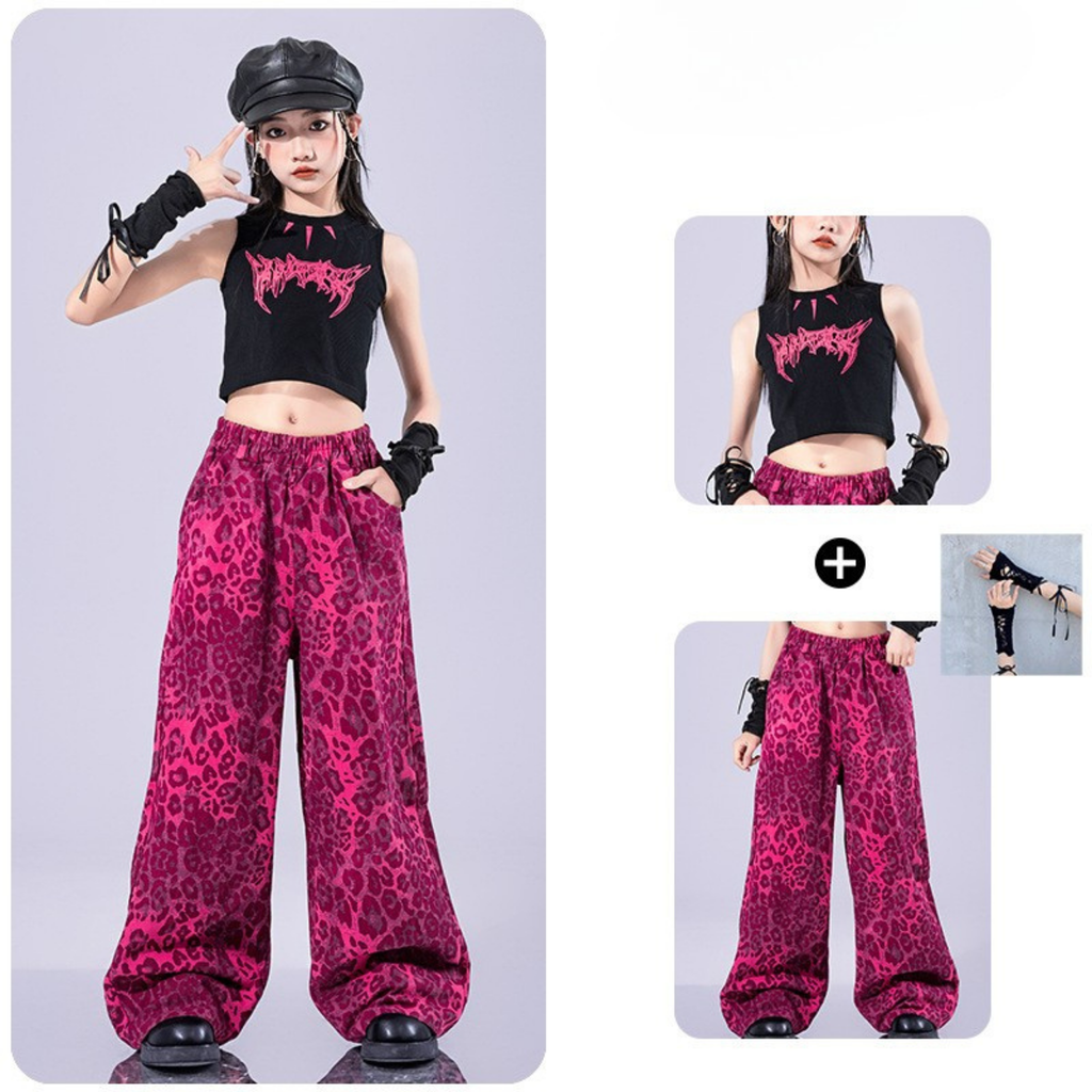 GIRLS ピンクレオパード ステージセットアップ キッズダンス衣装