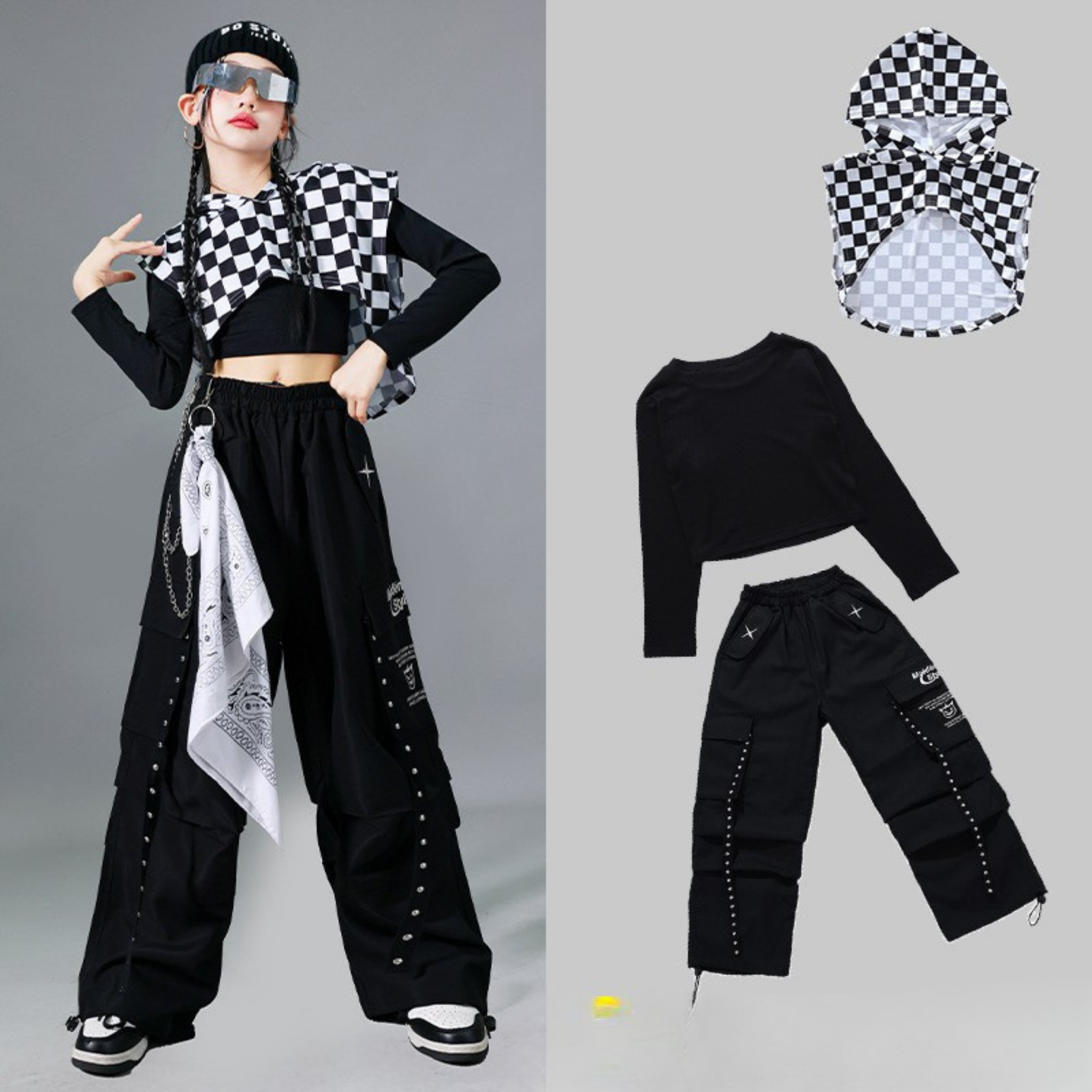 HIPHOP チェッカーブラック カーゴセットアップ キッズダンス衣装