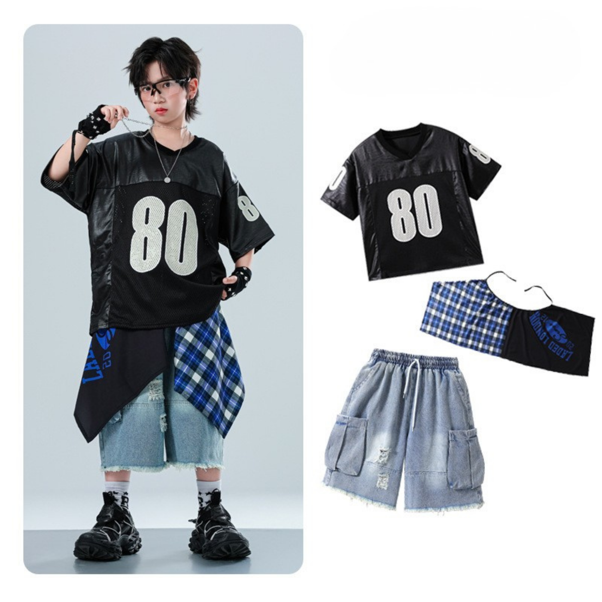 HIPHOP ブラックナンバー デニムハーフパンツセットアップ キッズダンス衣装