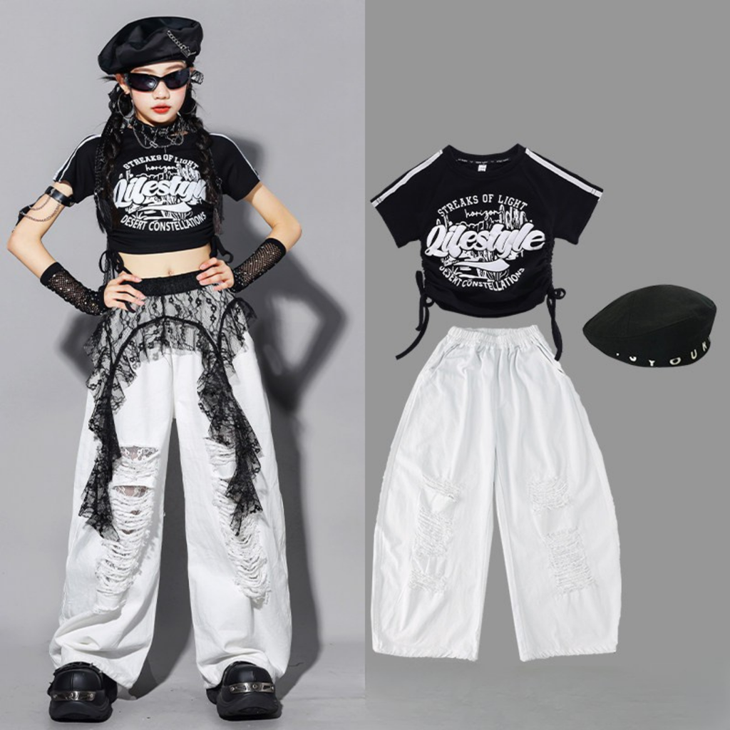 HIPHOP ブラックロゴ ホワイトワイドパンツセットアップ キッズダンス衣装