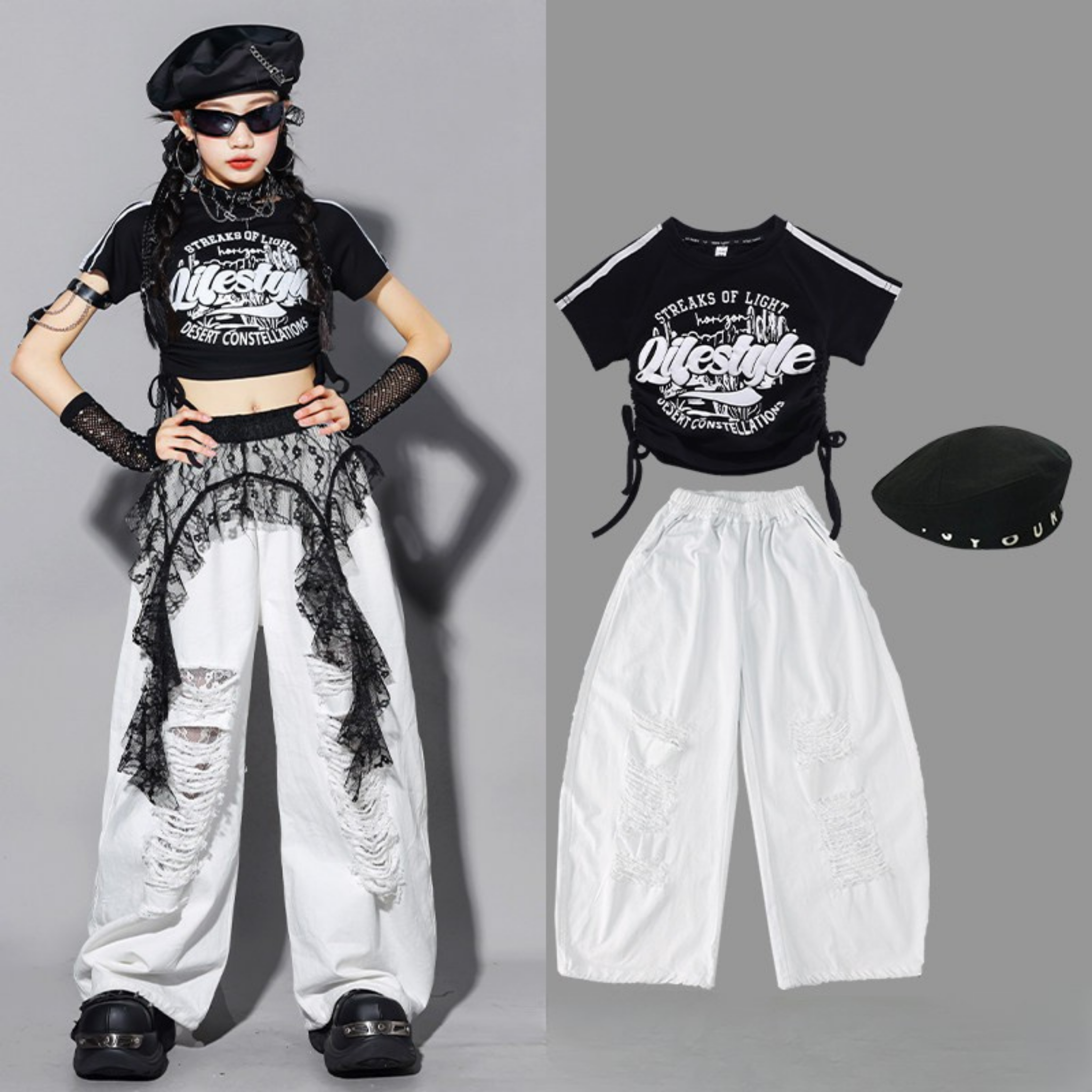 HIPHOP ブラックロゴ ホワイトワイドパンツセットアップ キッズダンス衣装