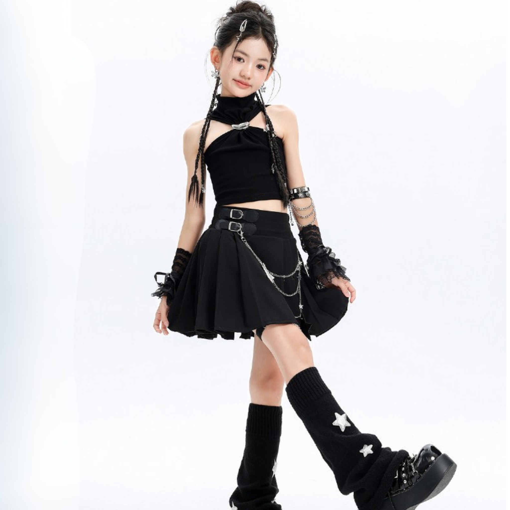 GIRLS ブラックプリーツスカート セットアップ キッズダンス衣装