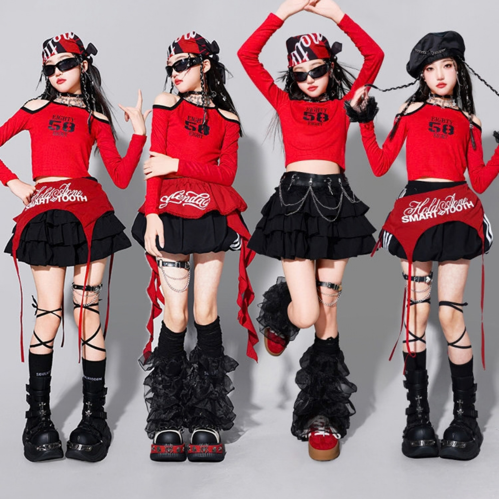 GIRLS レッド58グラフィック ティアードスカートセットアップ キッズダンス衣装｜商品イメージ4｜RAQS LUMINA