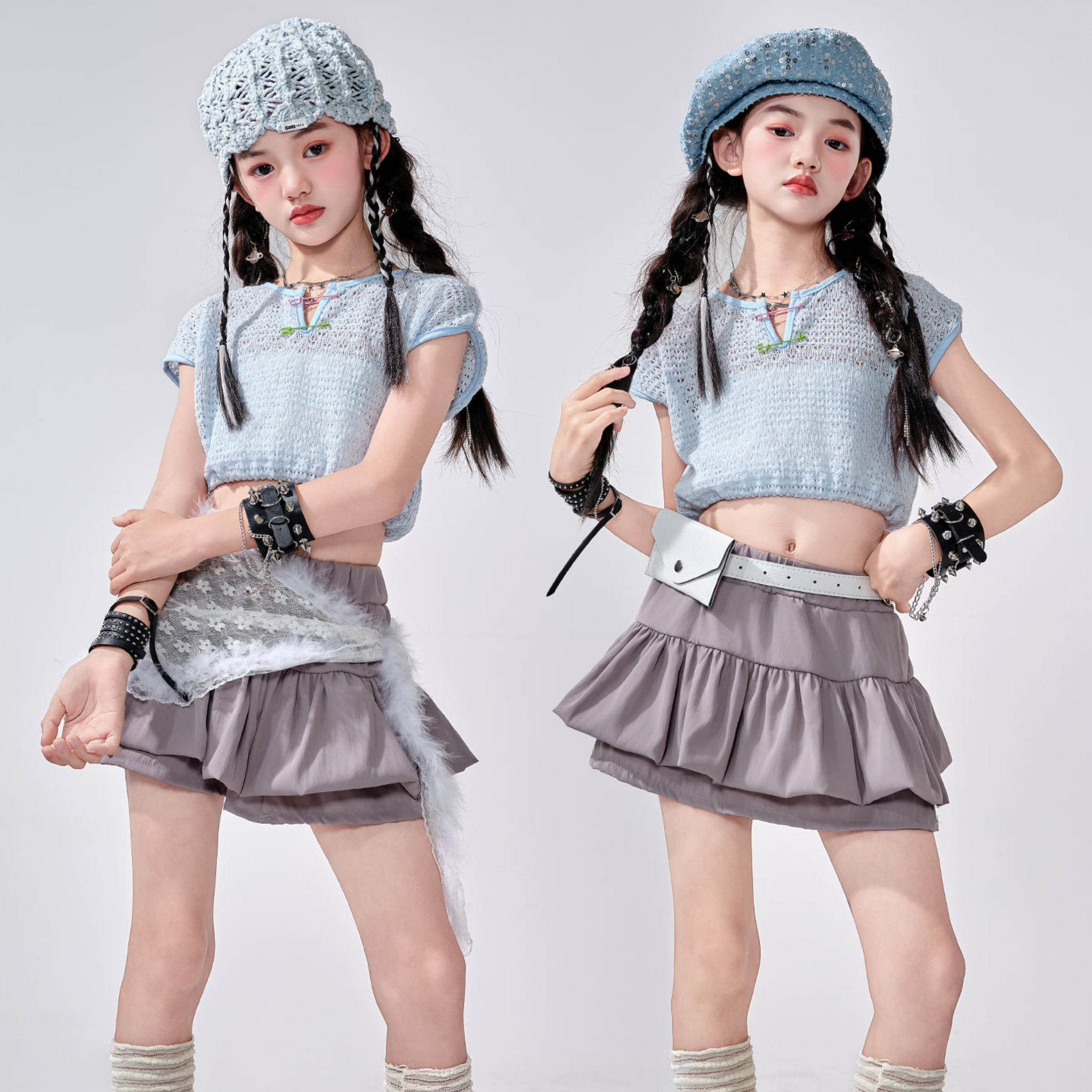K-POP アイスブルーニット ティアードスカートセットアップ キッズダンス衣装