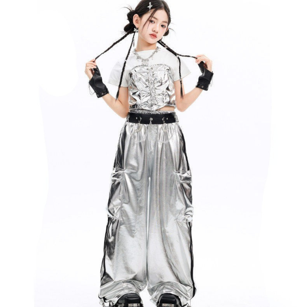 K-POP メタリックシルバー ワイドパンツセットアップ キッズダンス衣装