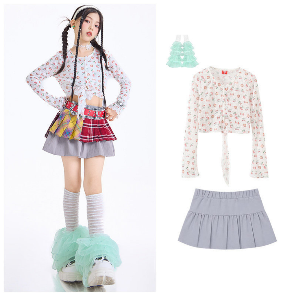 GIRLS フルーツプリント グレーティアードスカートセットアップ キッズダンス衣装