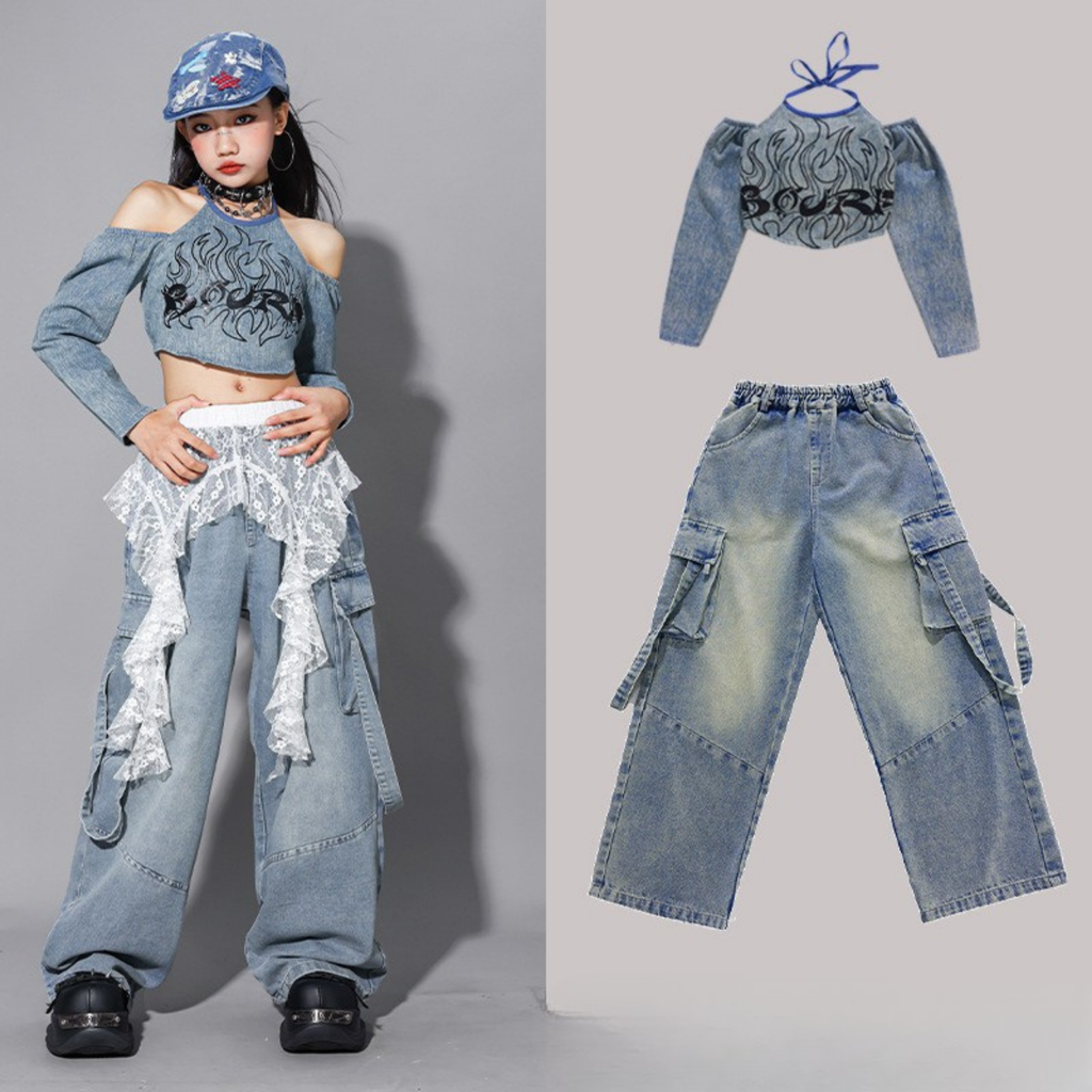 HIPHOP デニムグラフィック セットアップ キッズダンス衣装