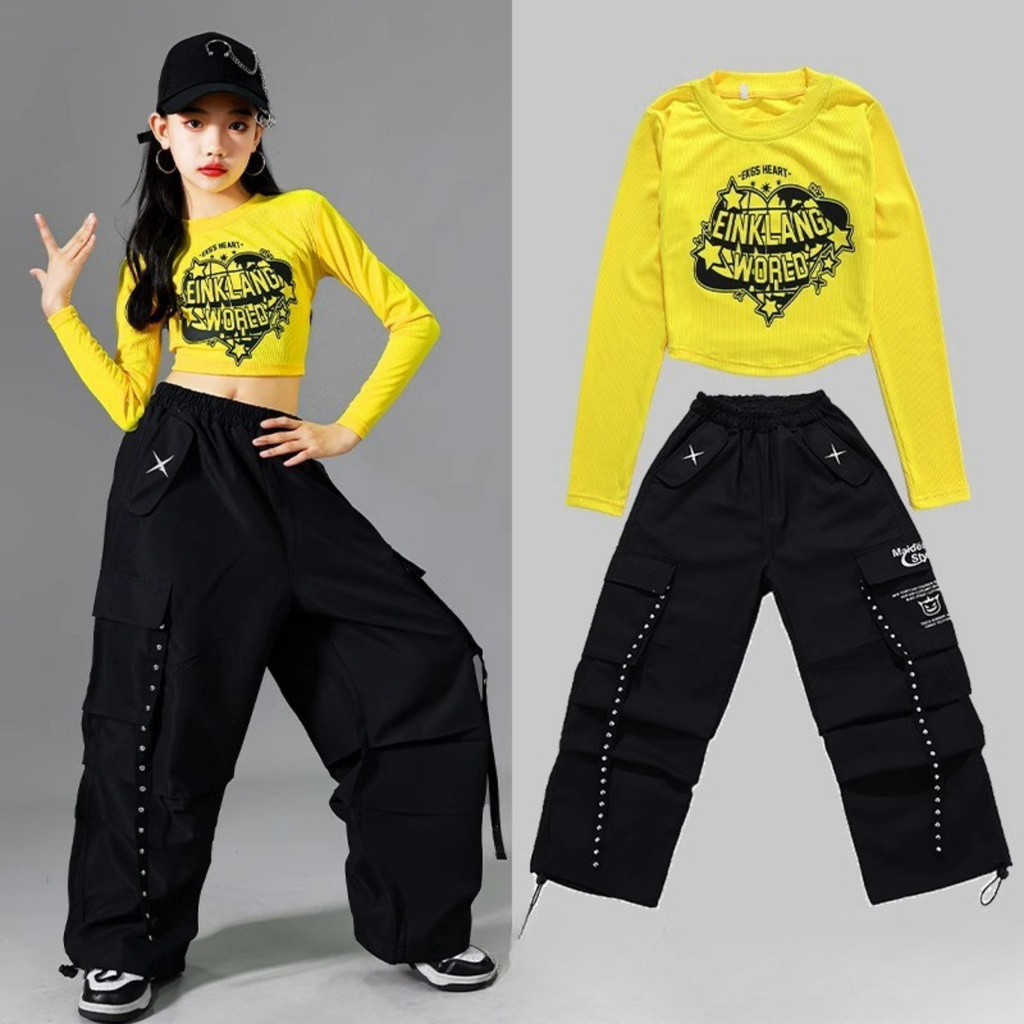 HIPHOP ブラックイエロー ワイドパンツセットアップ キッズダンス衣装