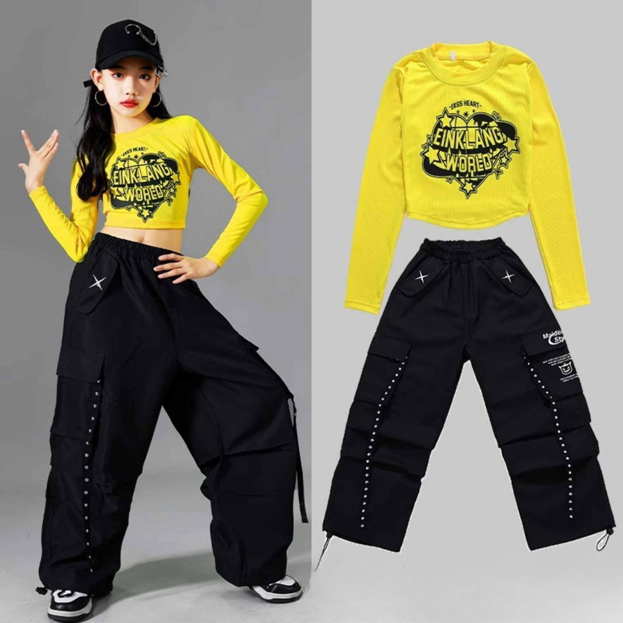 HIPHOP ブラックイエロー ワイドパンツセットアップ キッズダンス衣装