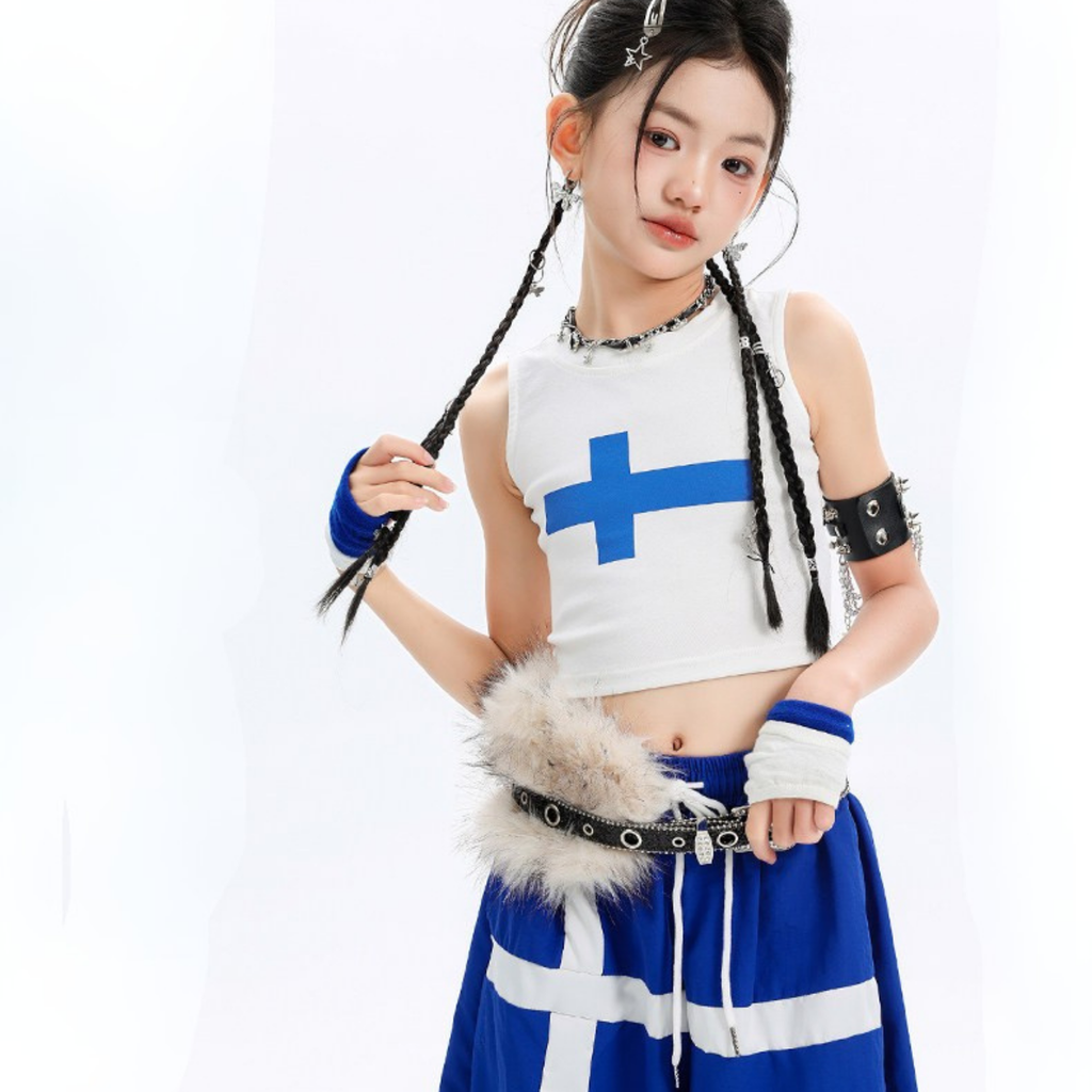 HIPHOP ブルークロス ワイドパンツセットアップ キッズダンス衣装