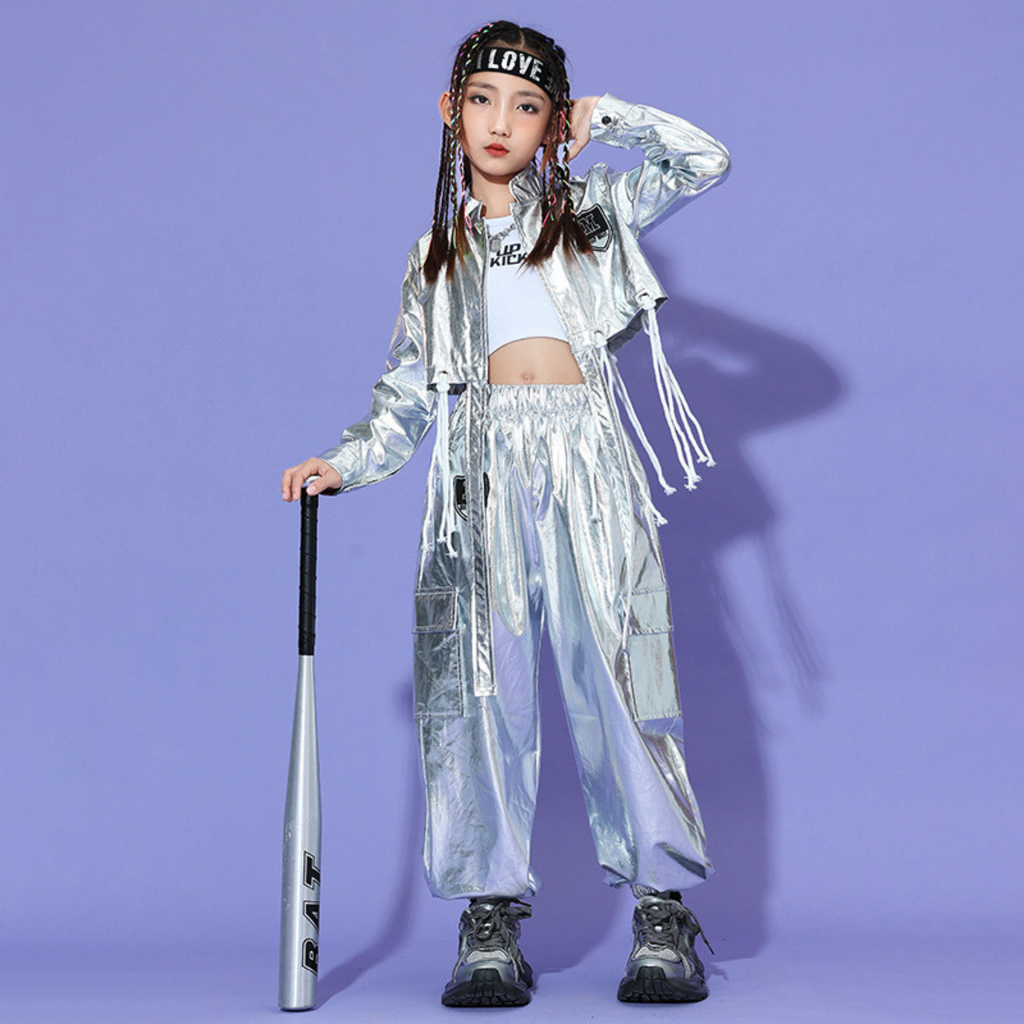 HIPHOP メタリックシルバー カーゴセットアップ キッズダンス衣装