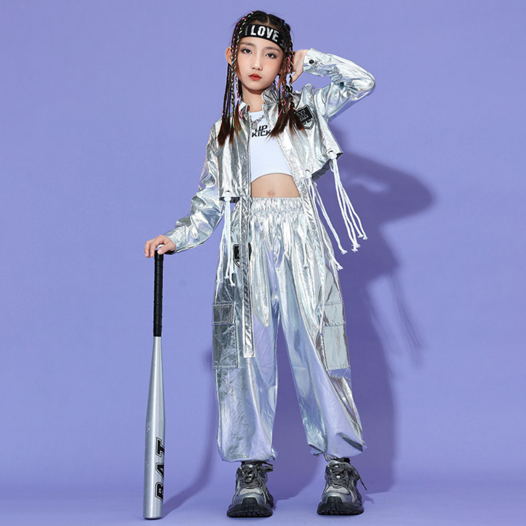 HIPHOP メタリックシルバー カーゴセットアップ キッズダンス衣装