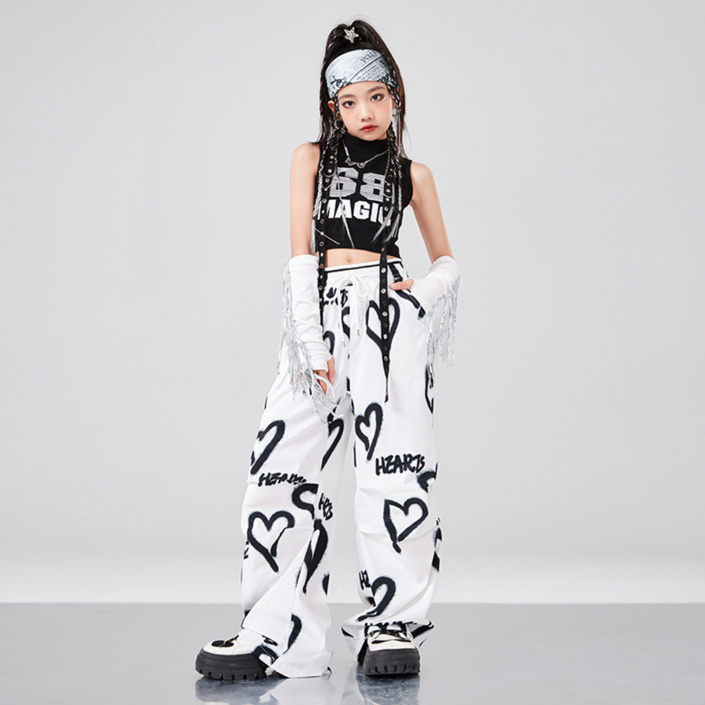 HIPHOP ブラックハート ワイドパンツセットアップ キッズダンス衣装