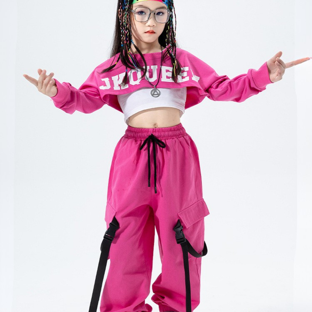 GIRLS ビビッドピンク カーゴセットアップ キッズダンス衣装