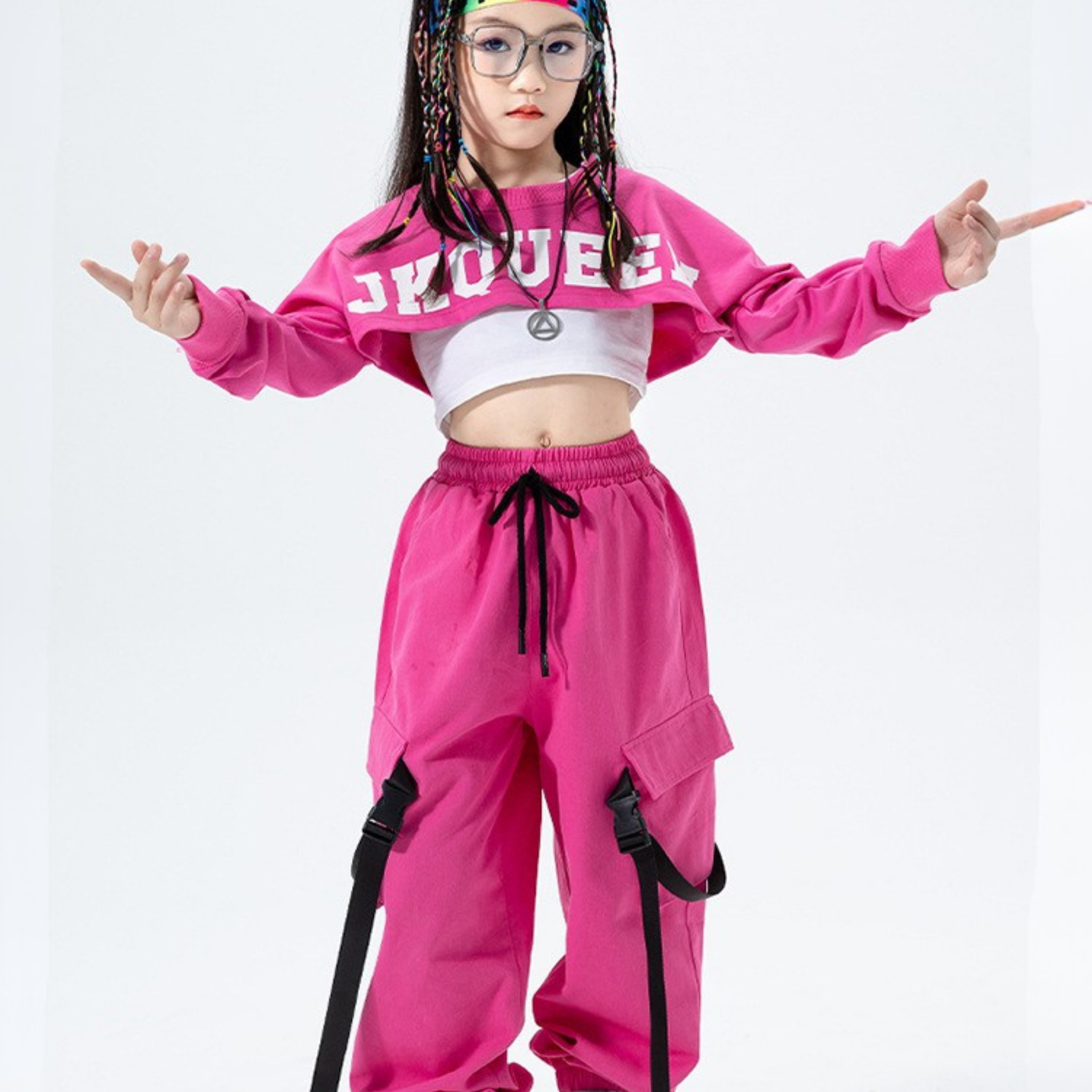 GIRLS ビビッドピンク カーゴセットアップ キッズダンス衣装