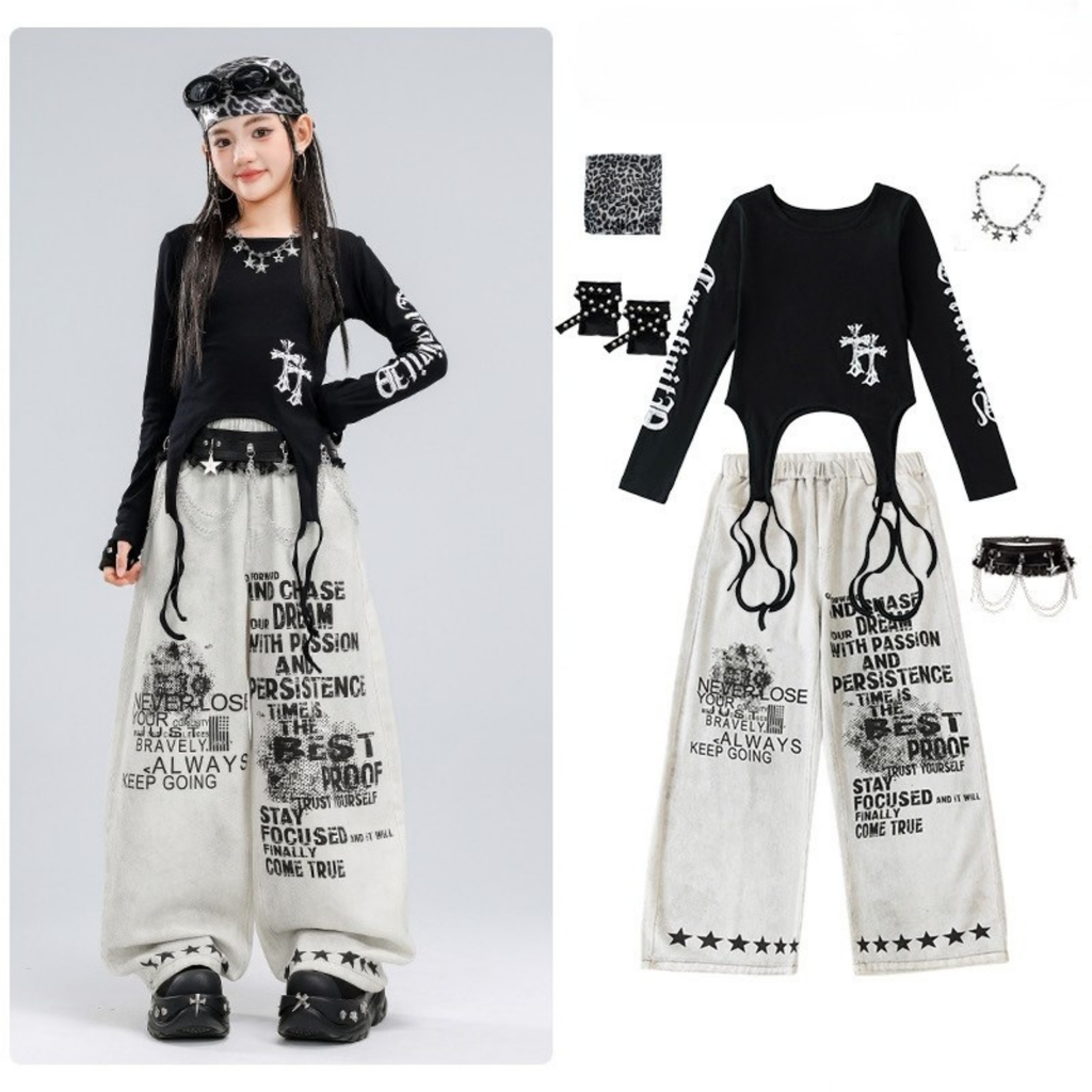HIPHOP ブラッククロス ホワイトグラフィックワイドパンツセットアップ キッズダンス衣装 商品画像7