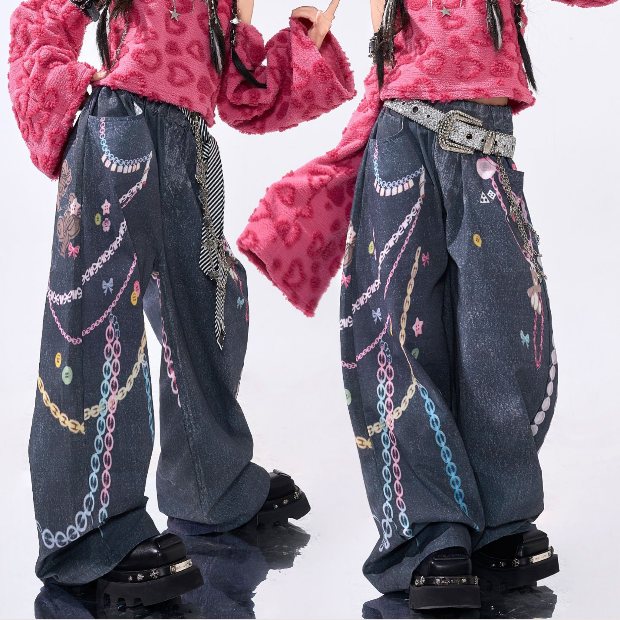 GIRLS ピンクレオパード チェーンデニムワイドパンツセットアップ キッズダンス衣装