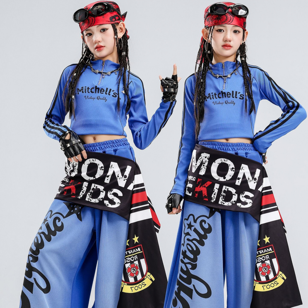 HIPHOP ブルーグラフィック ワイドパンツセットアップ キッズダンス衣装 着用イメージ8