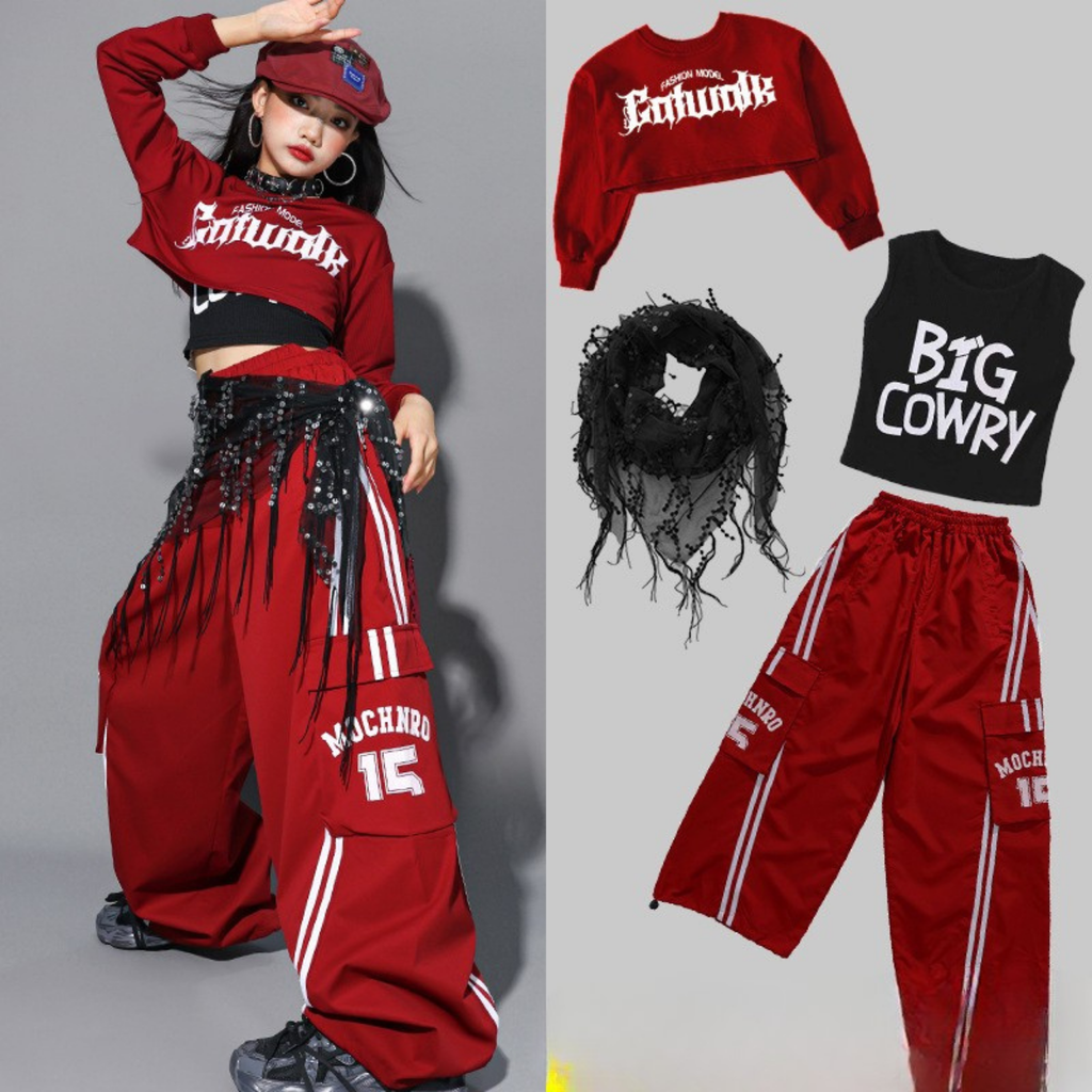HIPHOP レッドブラック カーゴパンツセットアップ キッズダンス衣装