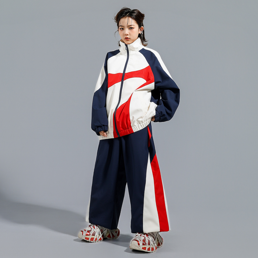 STREET ネイビーレッド カラーブロックセットアップ キッズダンス衣装