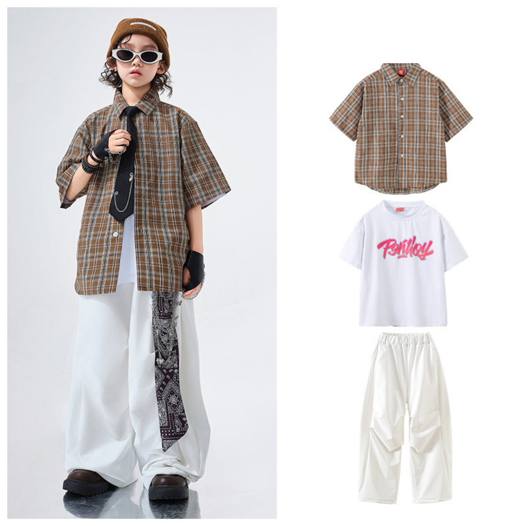STREET ブラウンチェック ホワイトワイドパンツセットアップ キッズダンス衣装