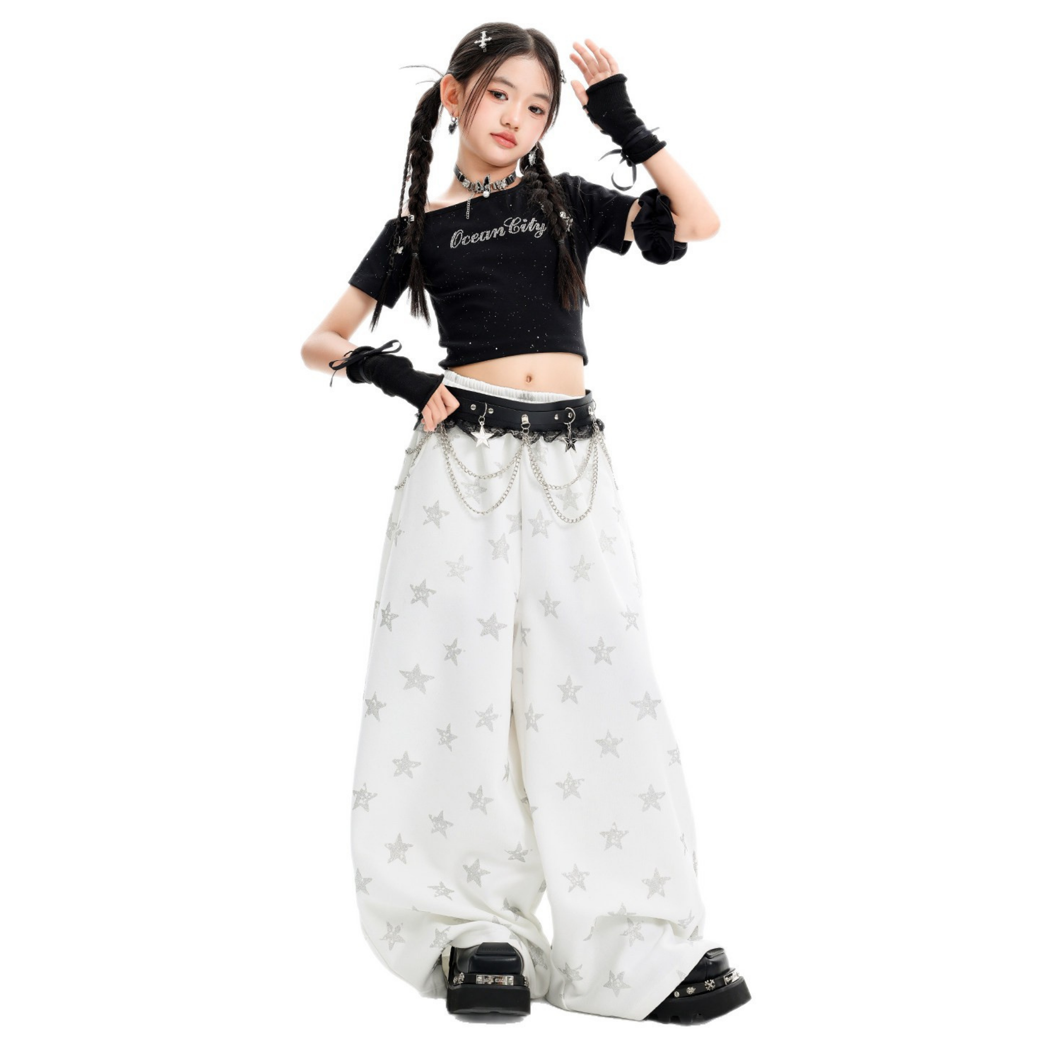 K-POP ブラックグリッター スターワイドパンツセットアップ キッズダンス衣装