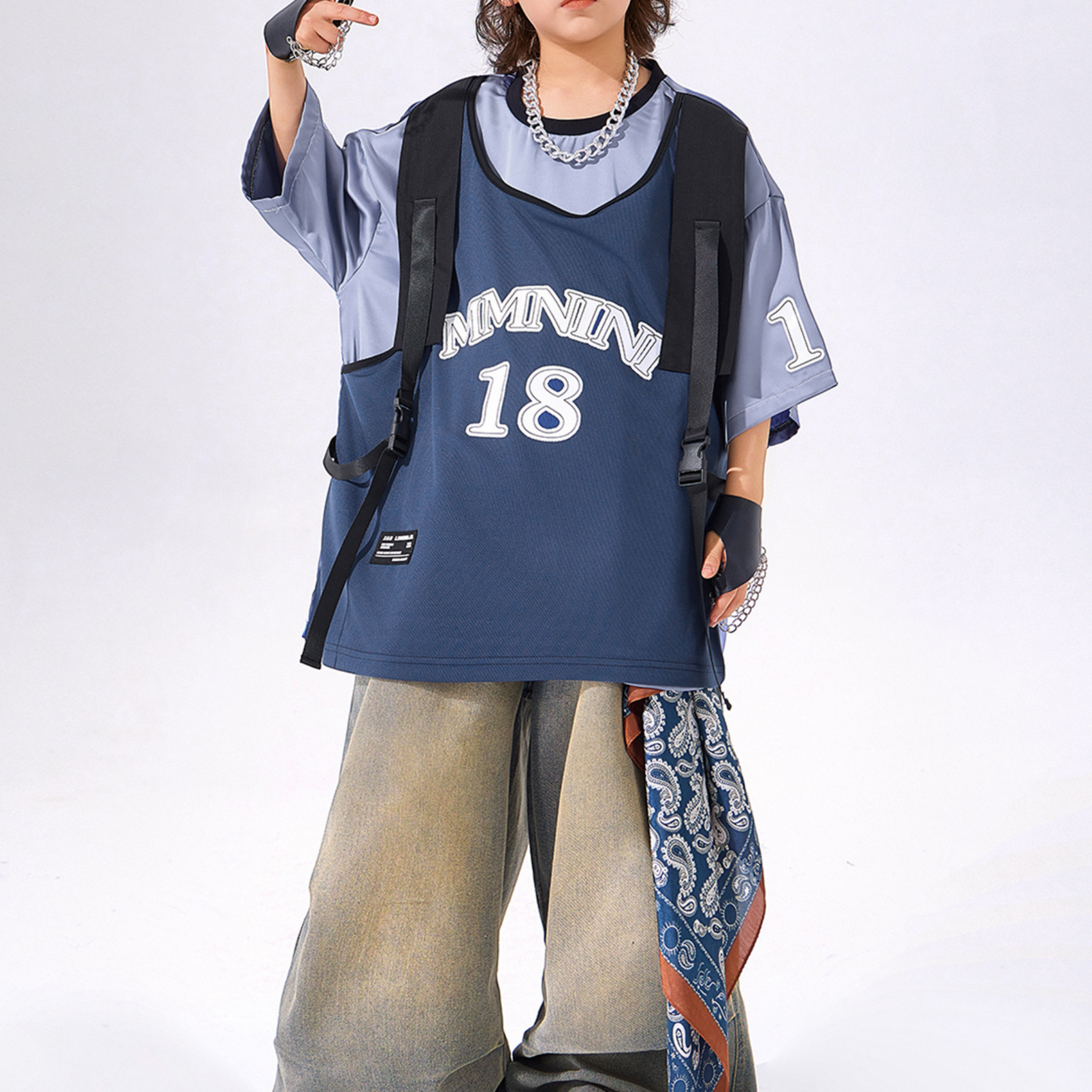 STREET ブルーナンバー デニムワイドパンツセットアップ キッズダンス衣装