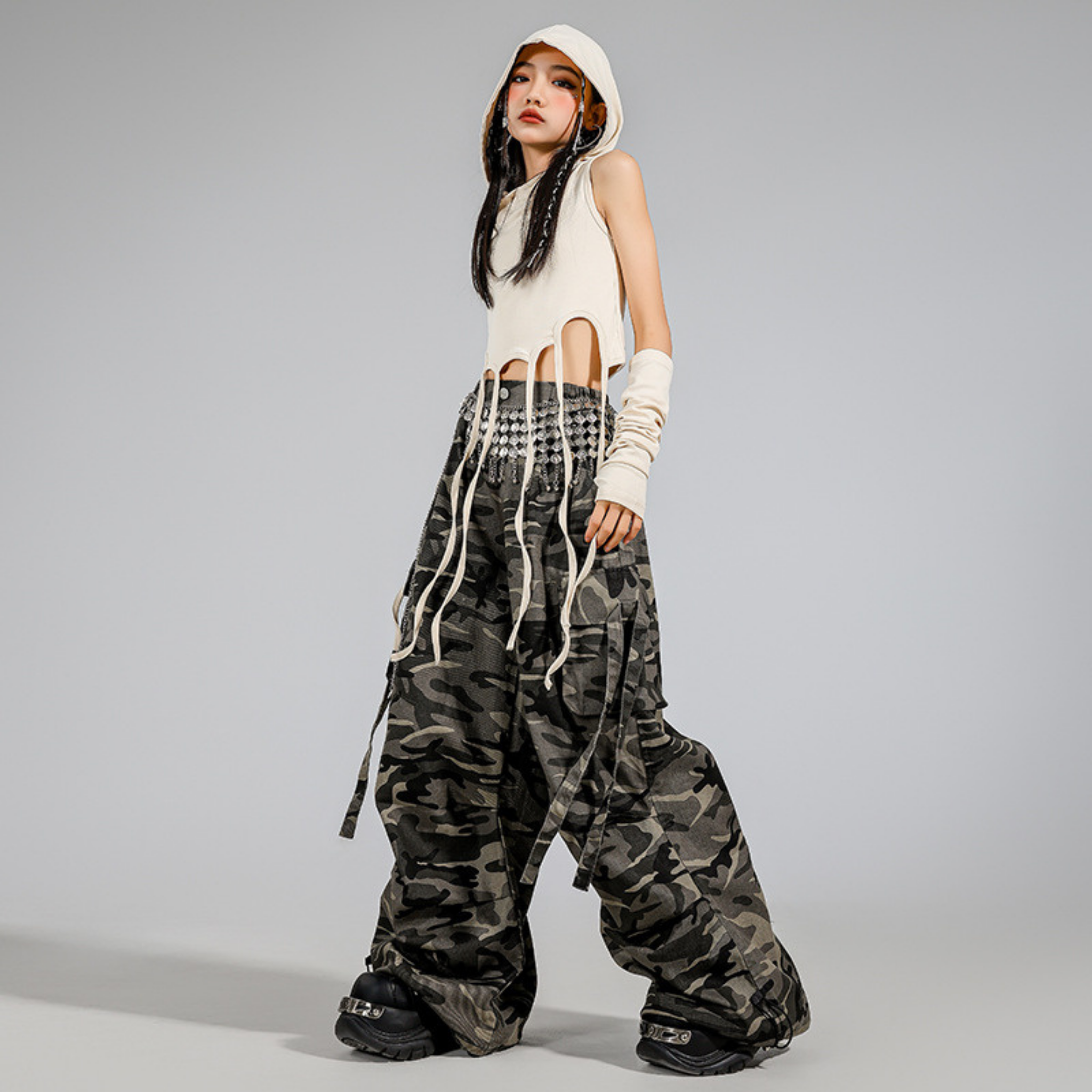 STREET アイボリーフード カモフラージュカーゴセットアップ キッズダンス衣装