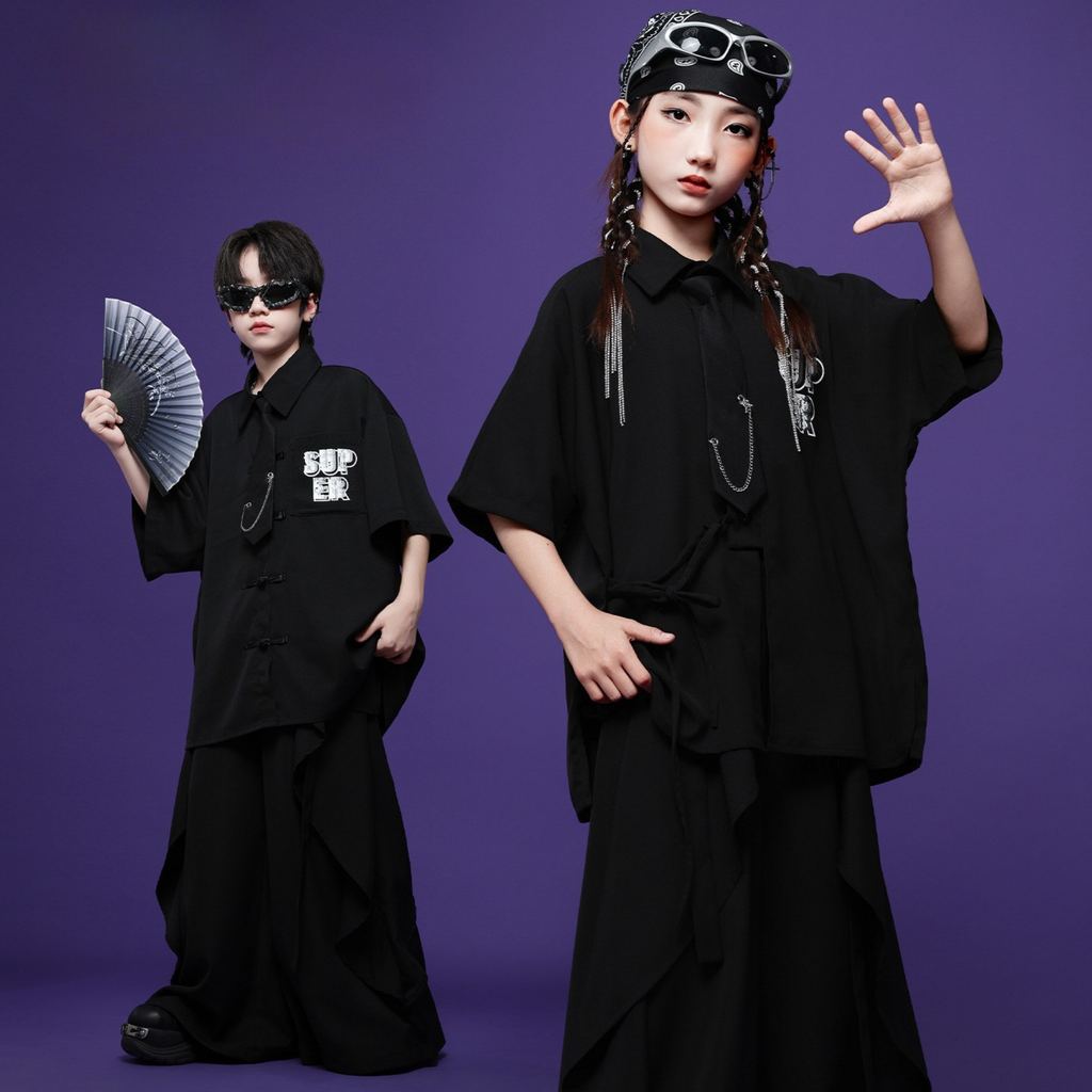 HIPHOP ブラックチャイナボタン ワイドパンツセットアップ キッズダンス衣装