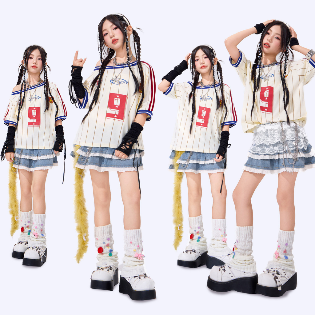 K-POP アイボリーストライプ デニムティアードスカートセットアップ キッズダンス衣装