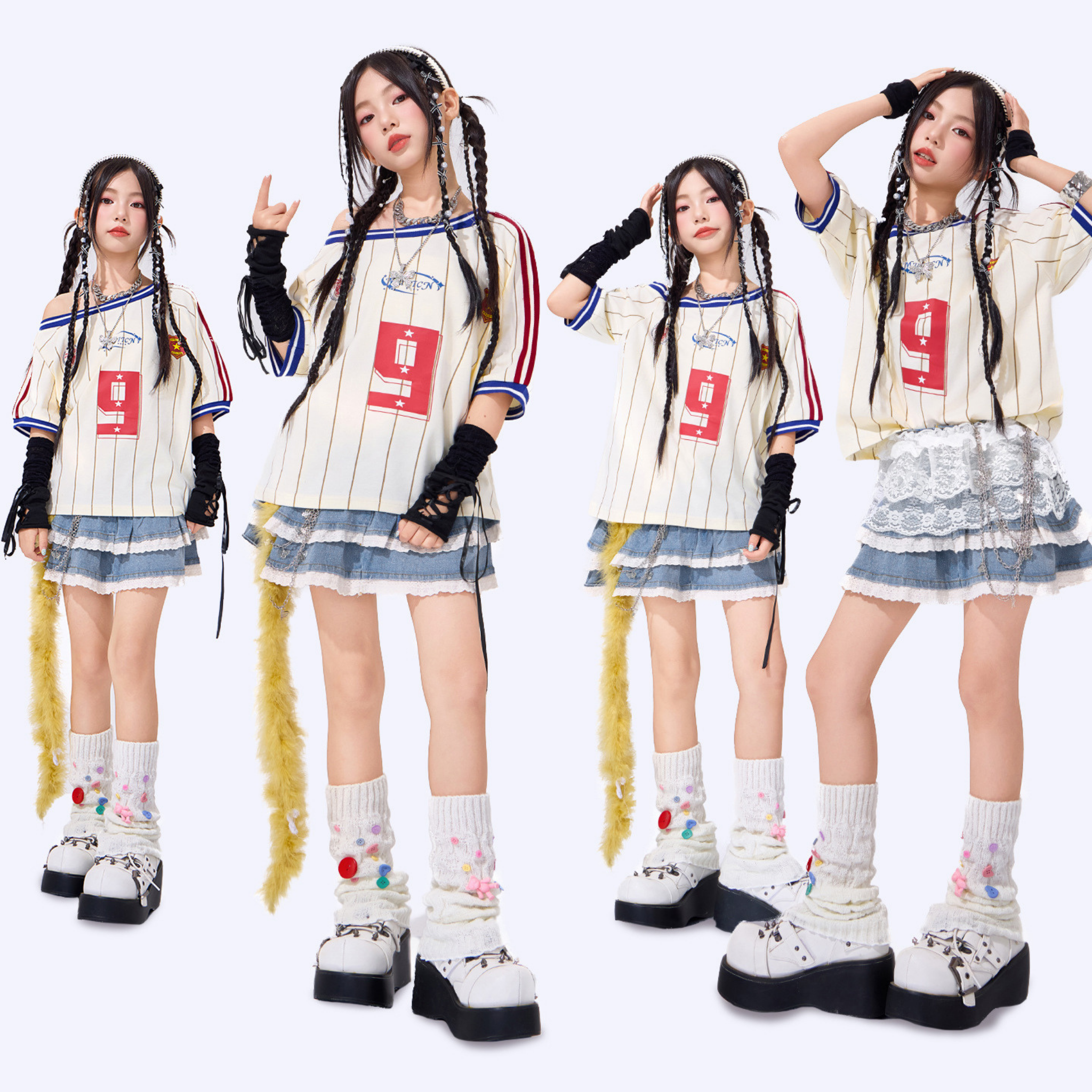 K-POP アイボリーストライプ デニムティアードスカートセットアップ キッズダンス衣装