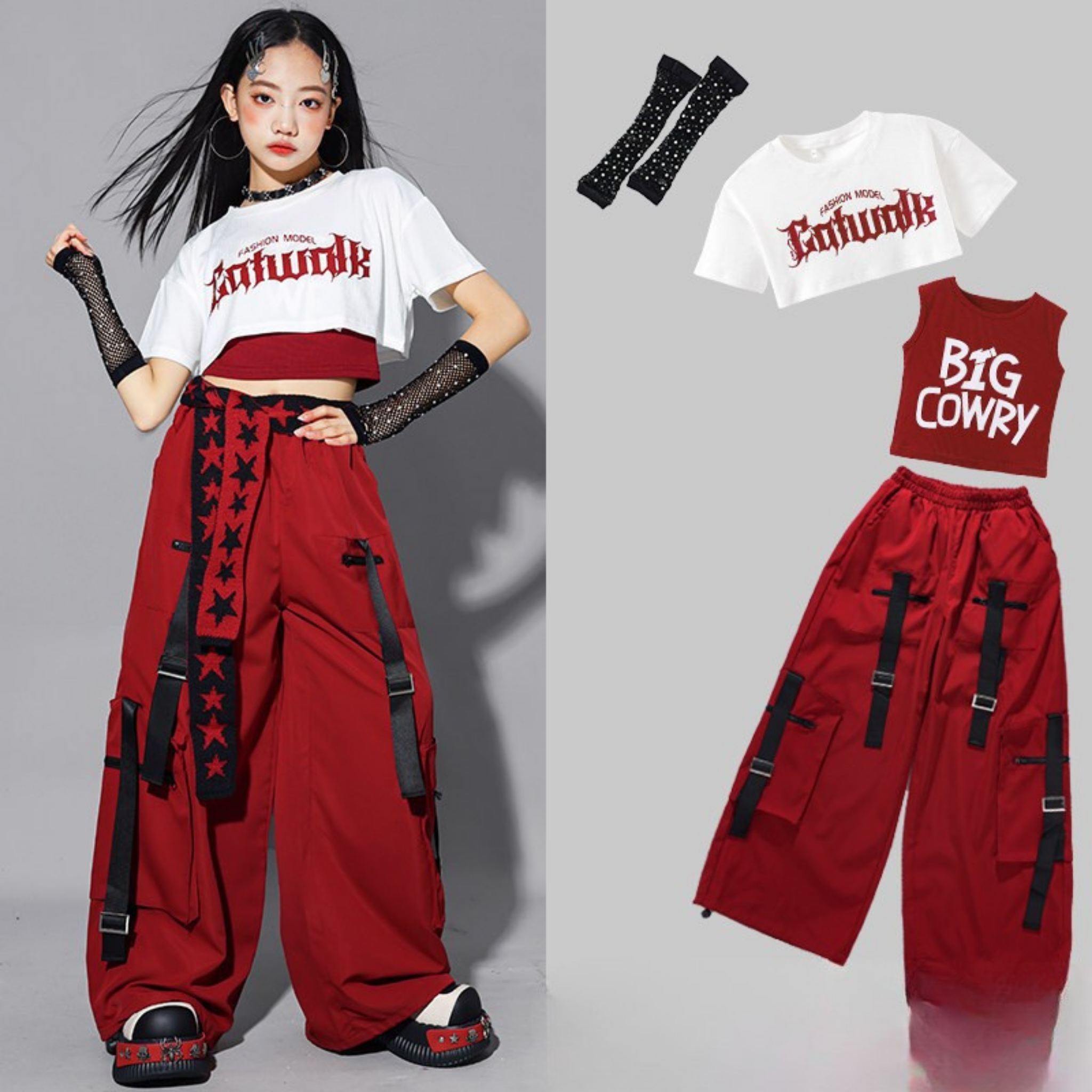 HIPHOP レッドストラップ カーゴパンツセットアップ キッズダンス衣装