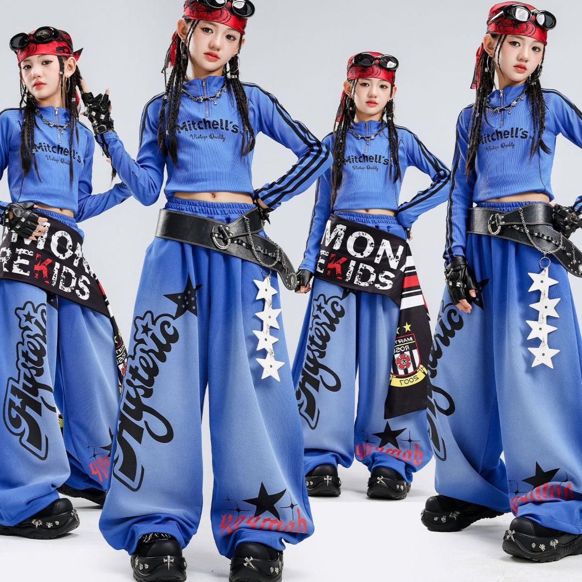 HIPHOP ブルーグラフィック ワイドパンツセットアップ キッズダンス衣装 着用イメージ1
